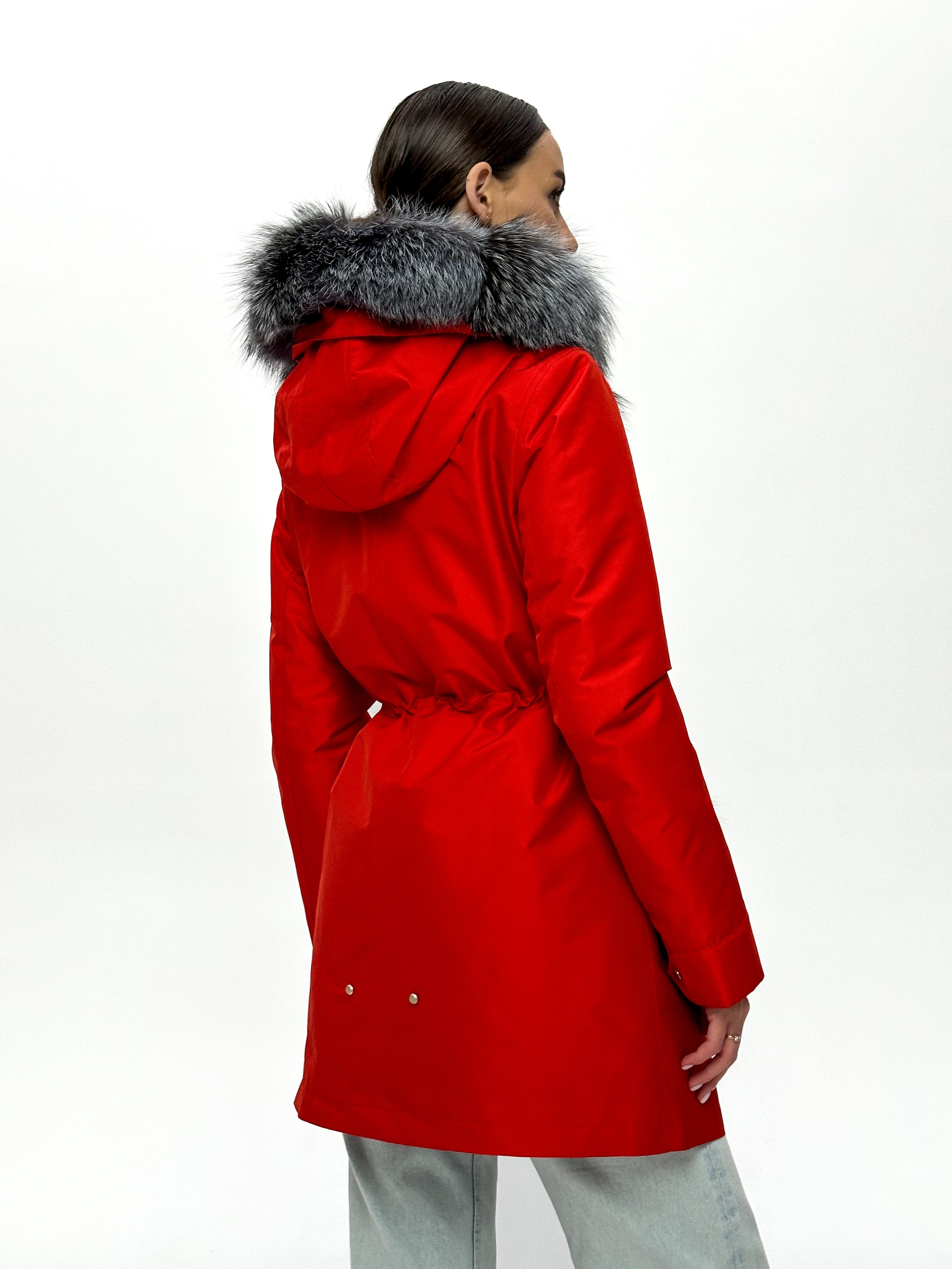 Roma Genuine Silver Fox Fur Rabbit Fur Insulated Parka in Red