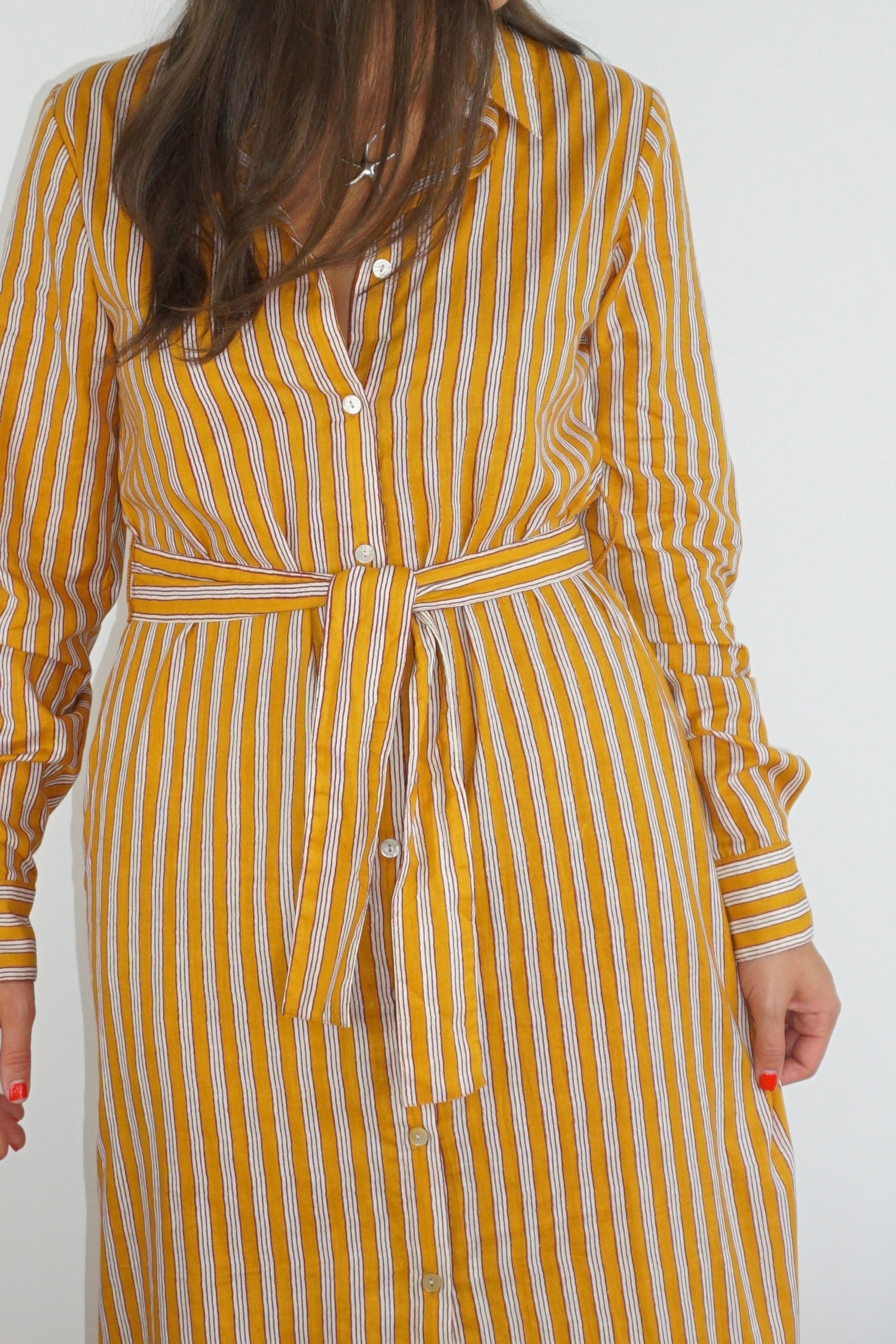 Caspian Dress in Marigold Pinstripe
