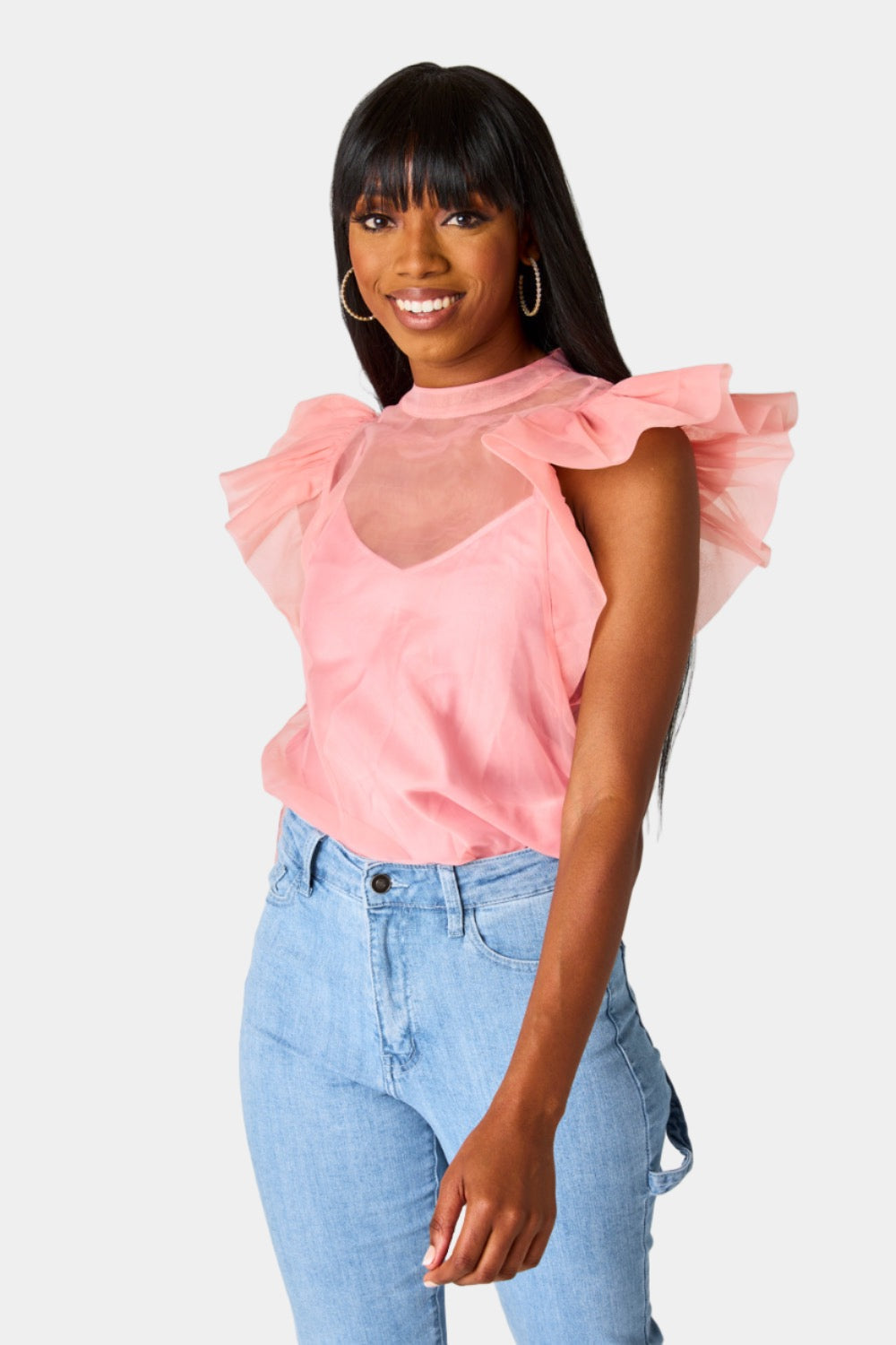 Kaycee Organza Ruffle Sleeve Top - Salmon