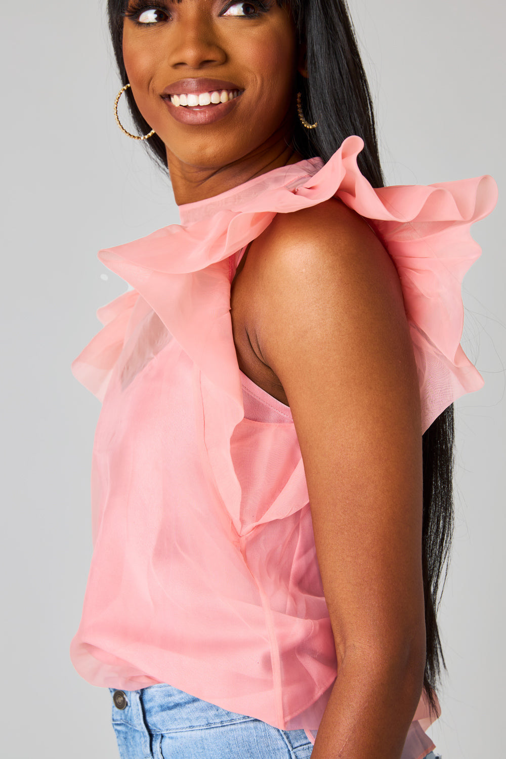 Kaycee Organza Ruffle Sleeve Top - Salmon