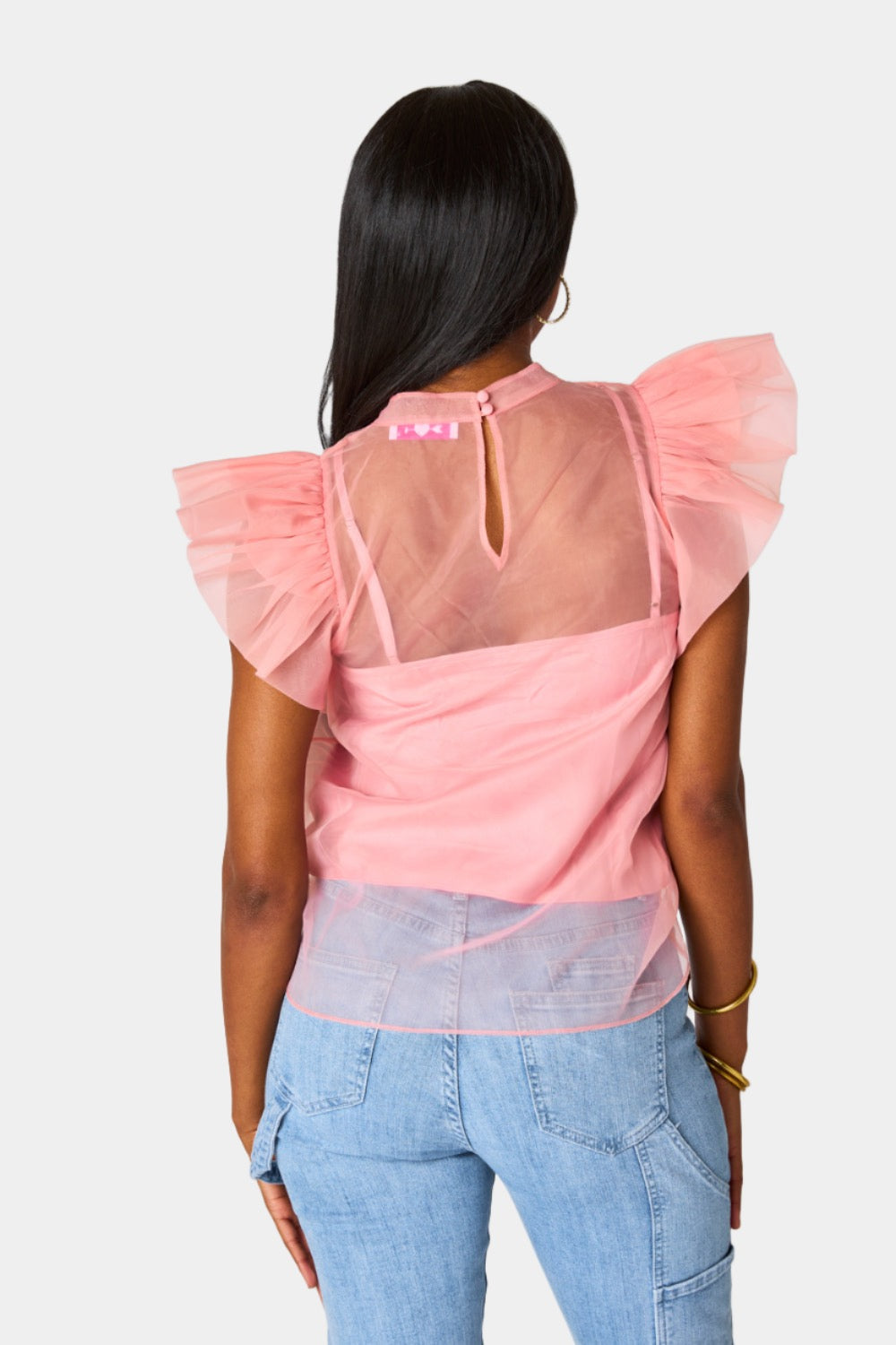 Kaycee Organza Ruffle Sleeve Top - Salmon