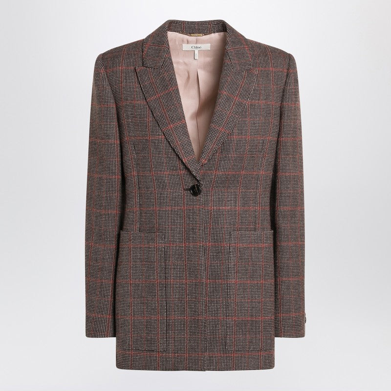 Chloé Single-Breasted Checked Brown Wool Jacket Women