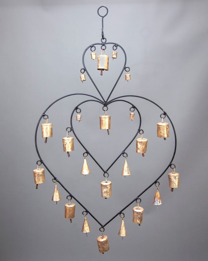 Double Heart Chime hanging brass bells for wall decor by OMSutra