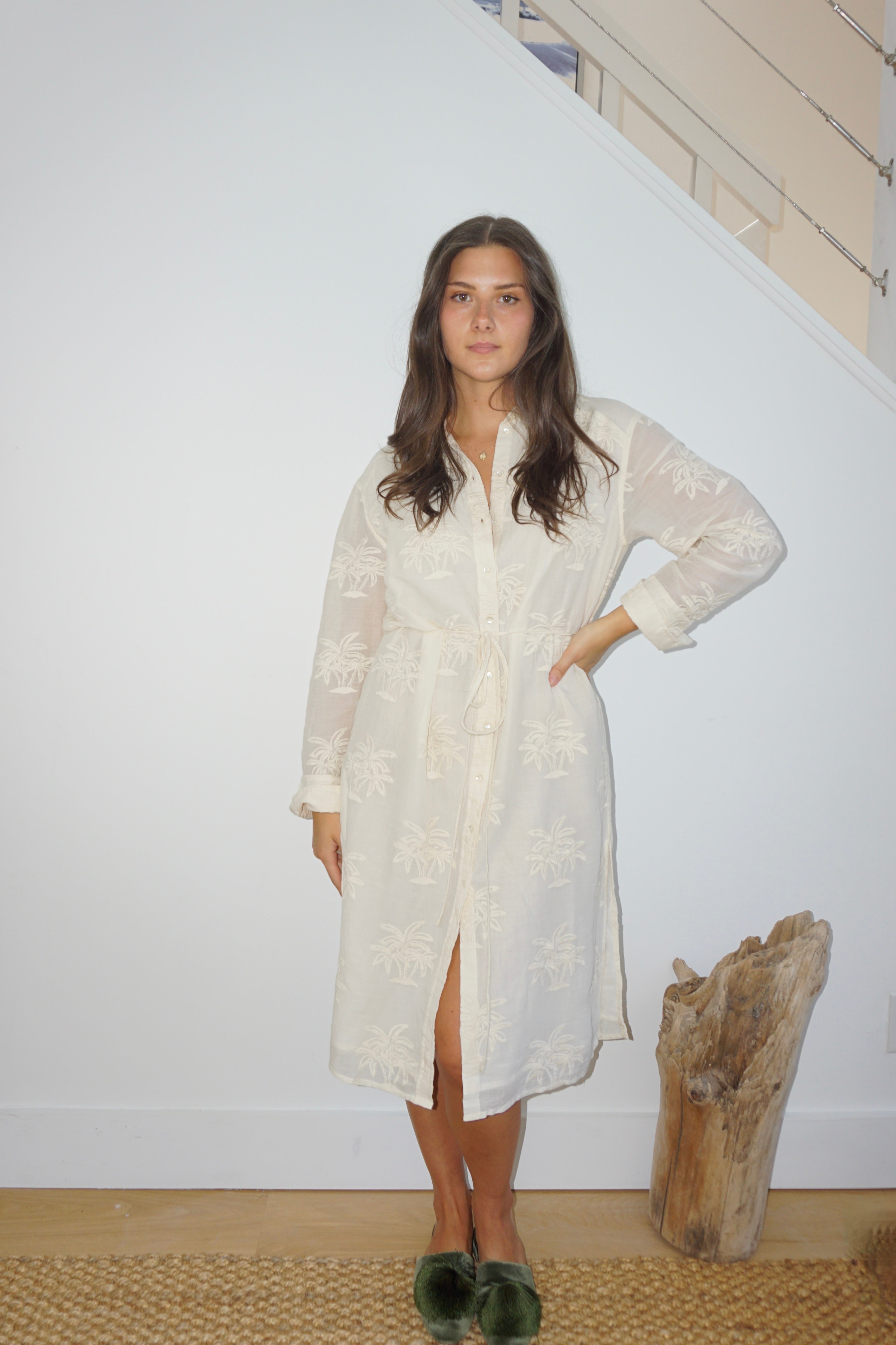 Chambers Sun Dress in Cream Palm Embr
