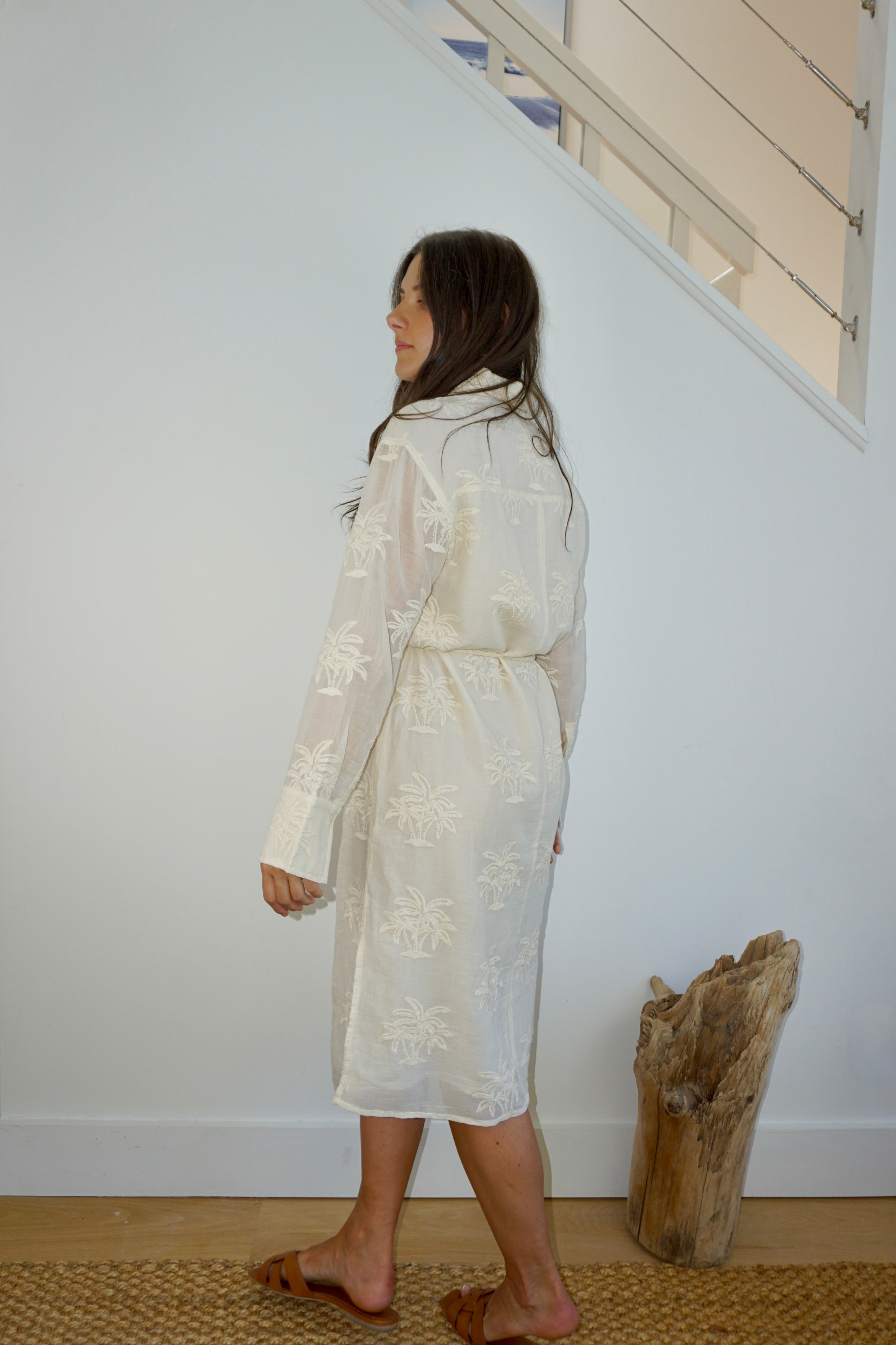 Chambers Sun Dress in Cream Palm Embr