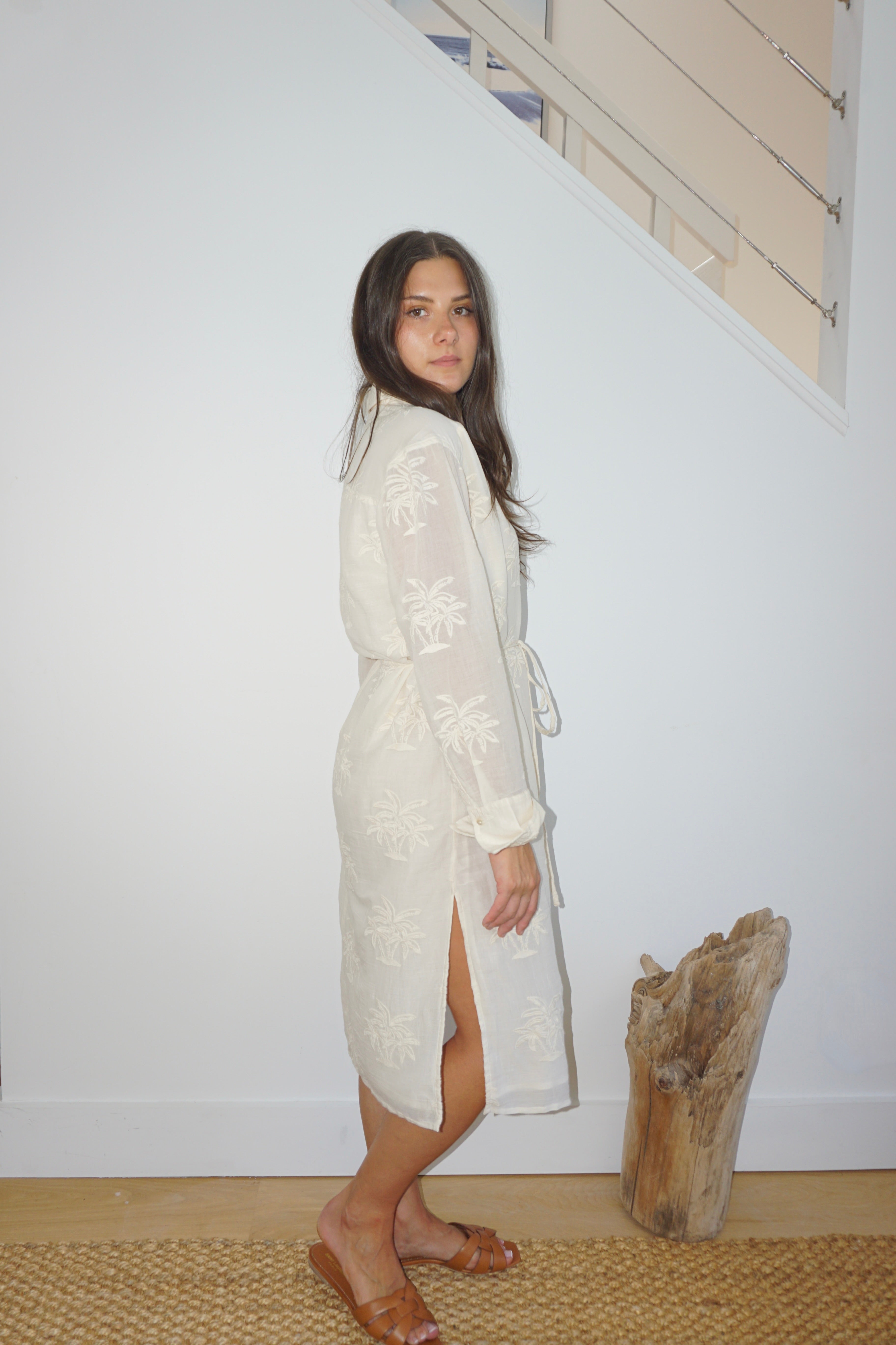 Chambers Sun Dress in Cream Palm Embr