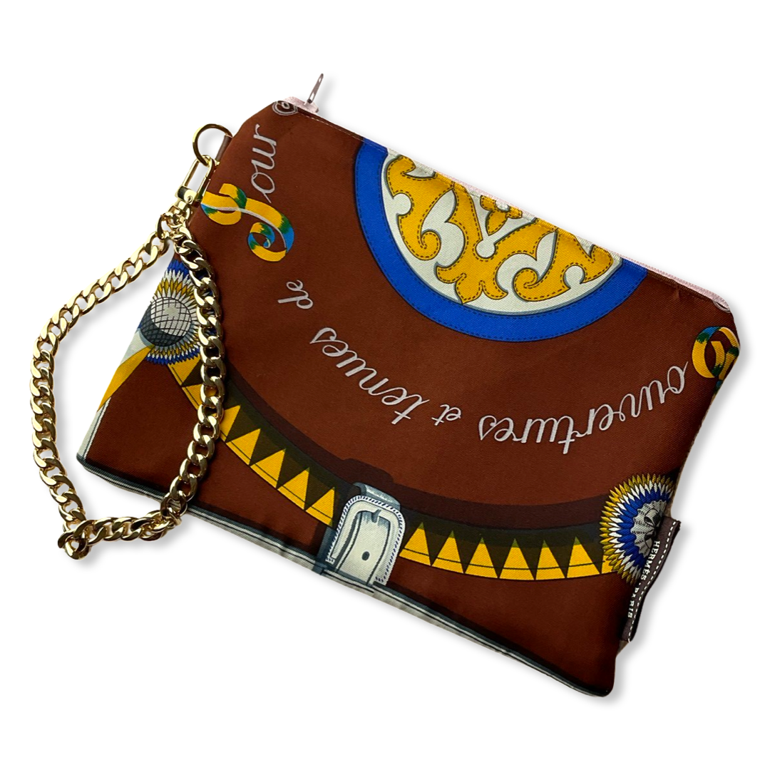 Couvertures et Tenues du Jour Brown Vintage Silk Scarf Wristlet Bag