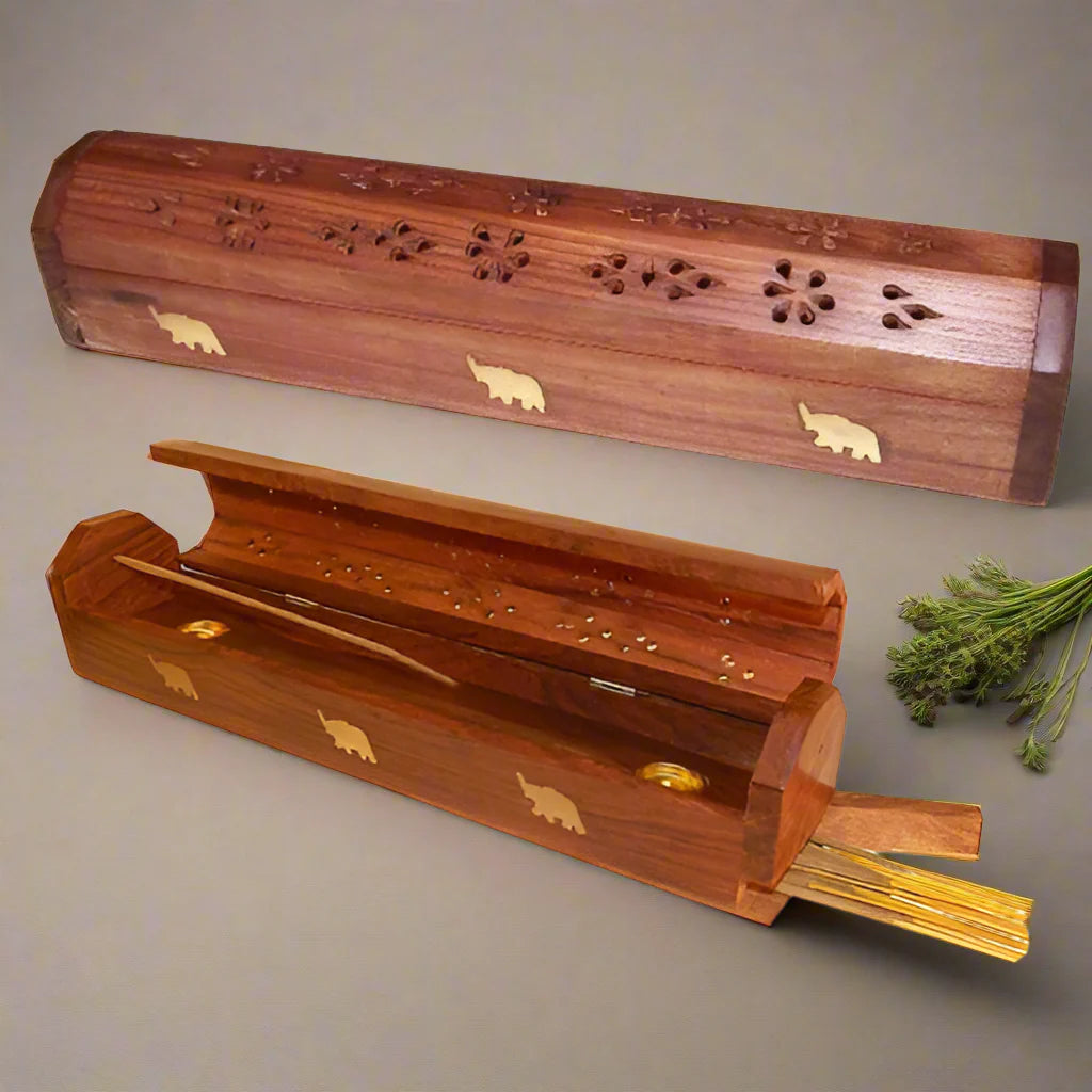 Sacred Wood Serenity – 12" Hand-Carved Incense Holder by OMSutra