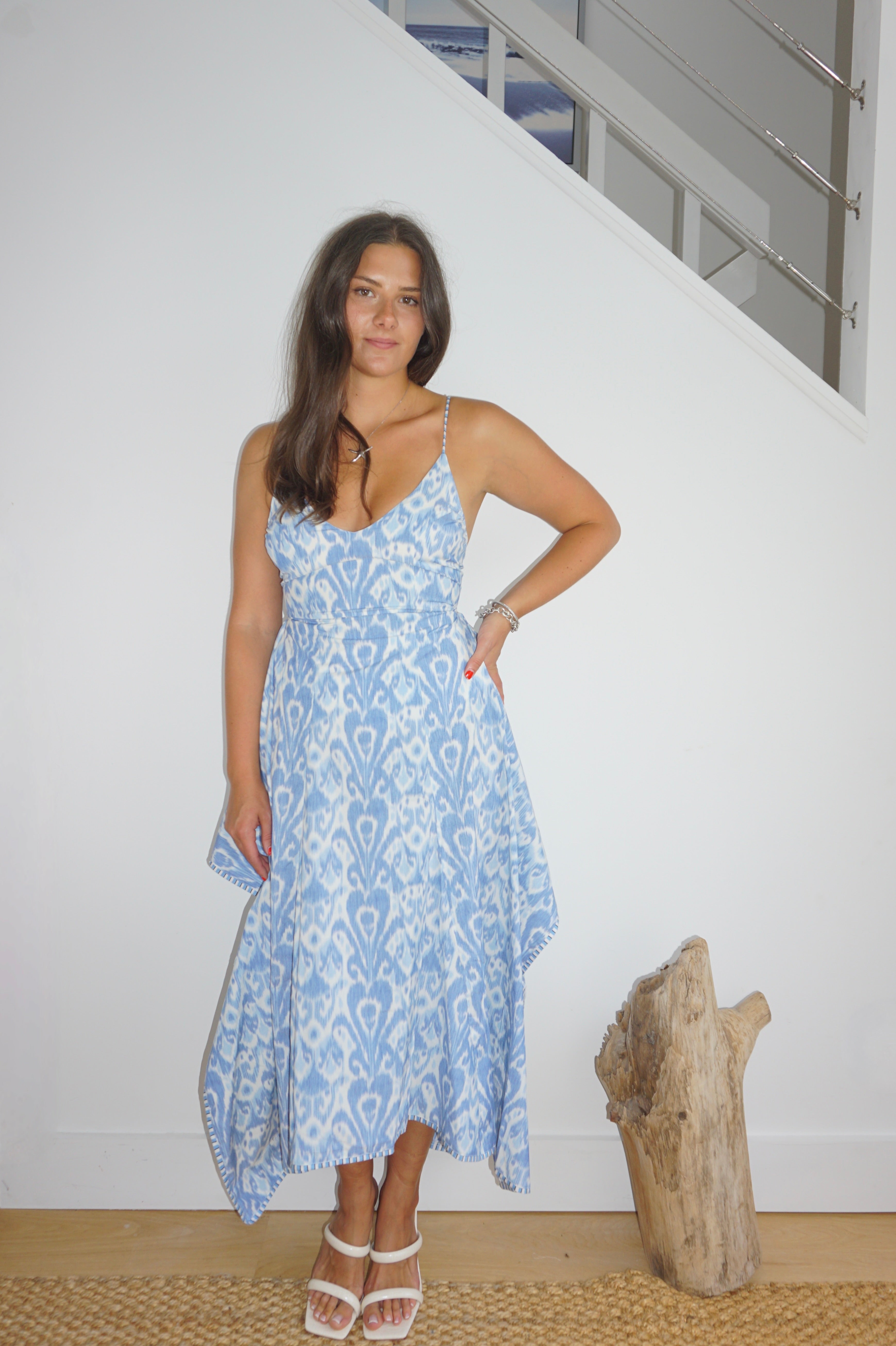 Cross Back Dress in Faded Blue Ikat