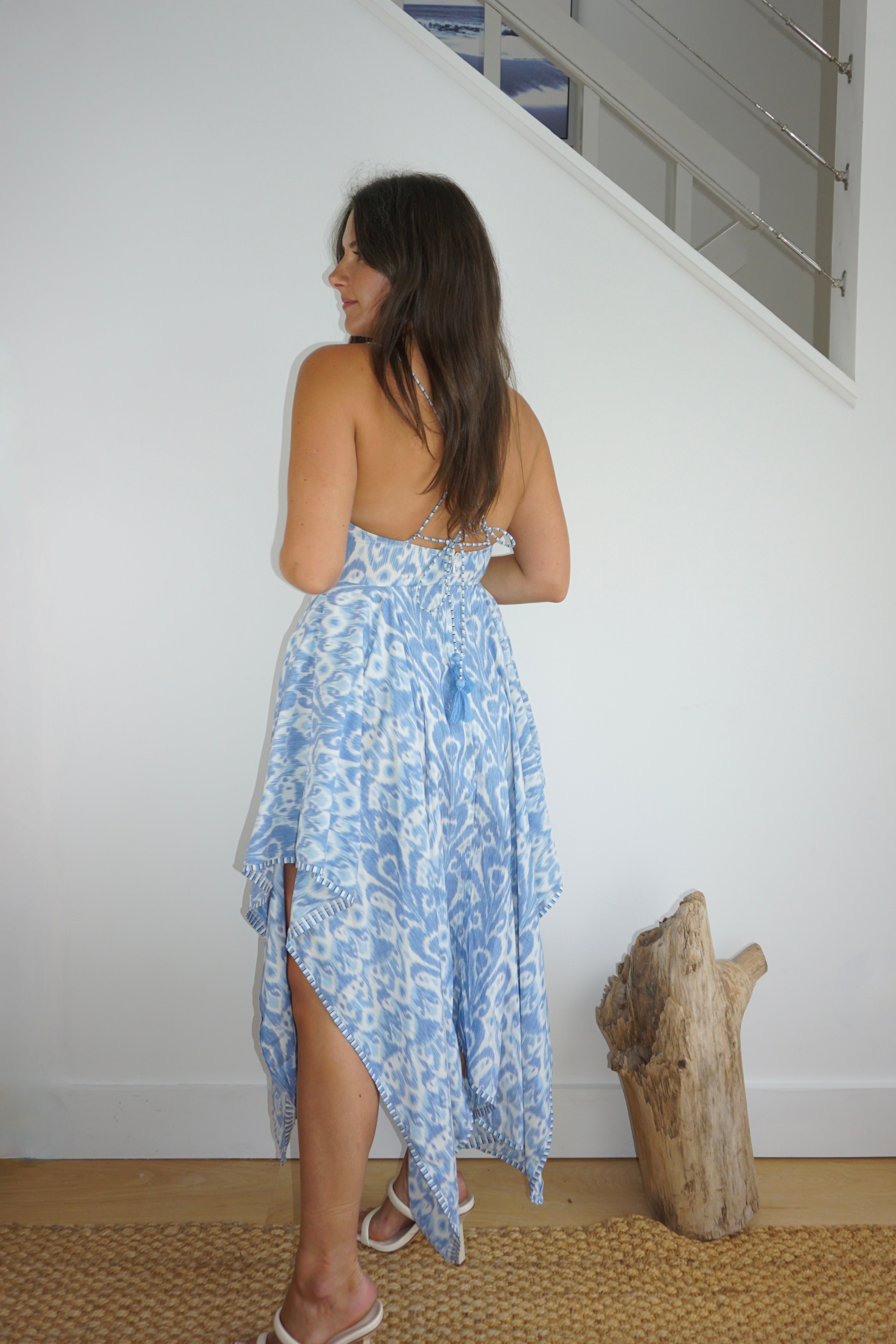 Cross Back Dress in Faded Blue Ikat