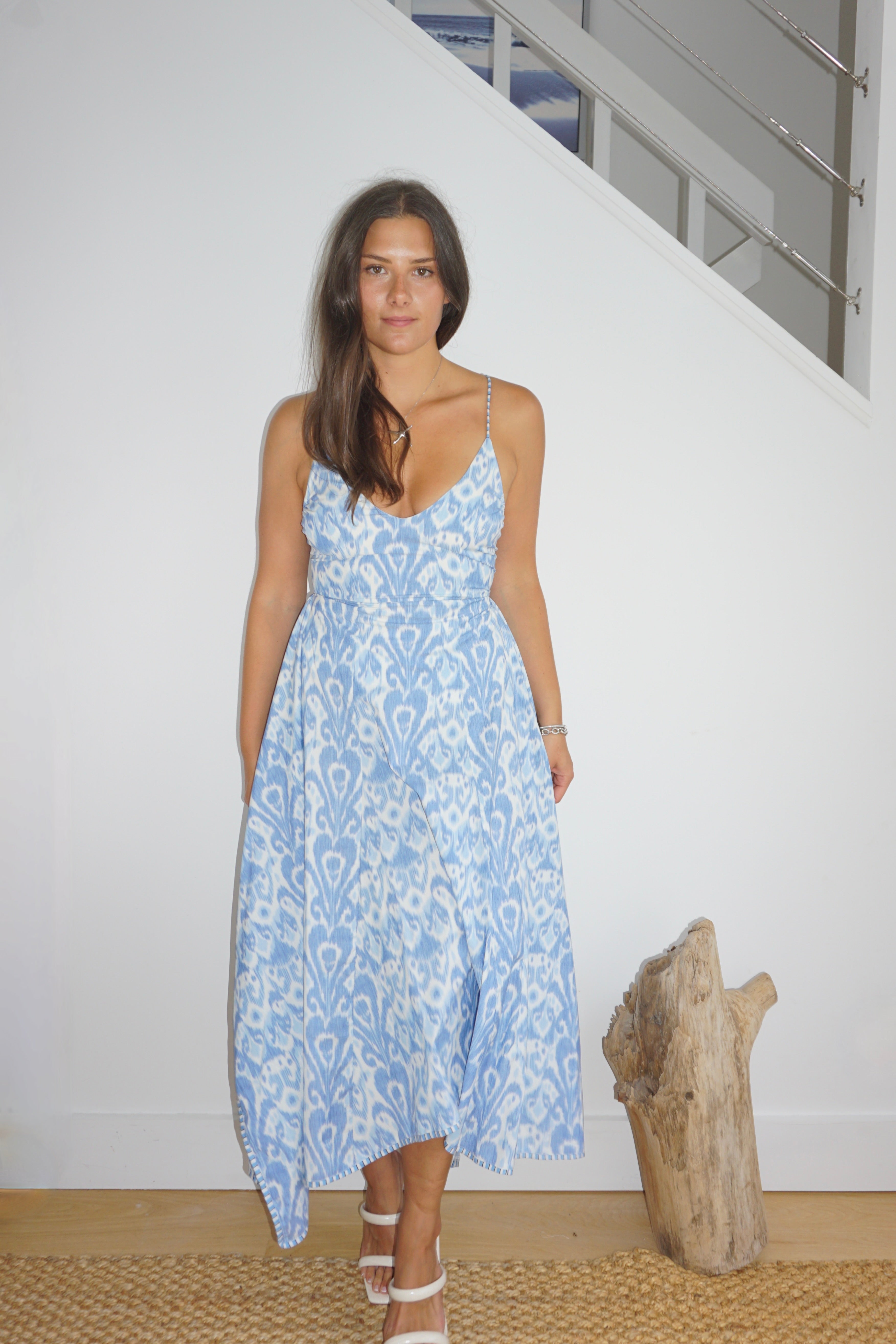 Cross Back Dress in Faded Blue Ikat