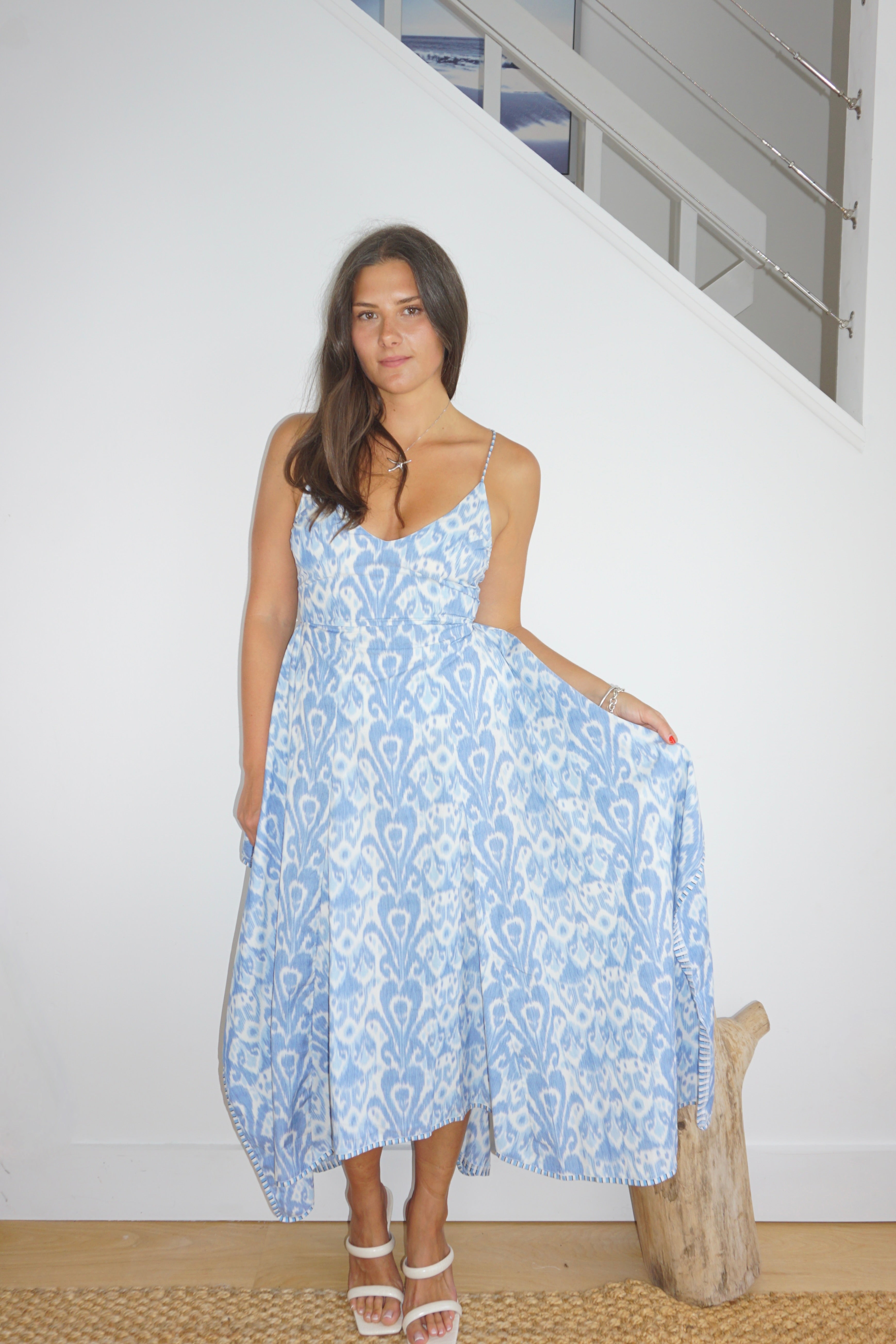 Cross Back Dress in Faded Blue Ikat