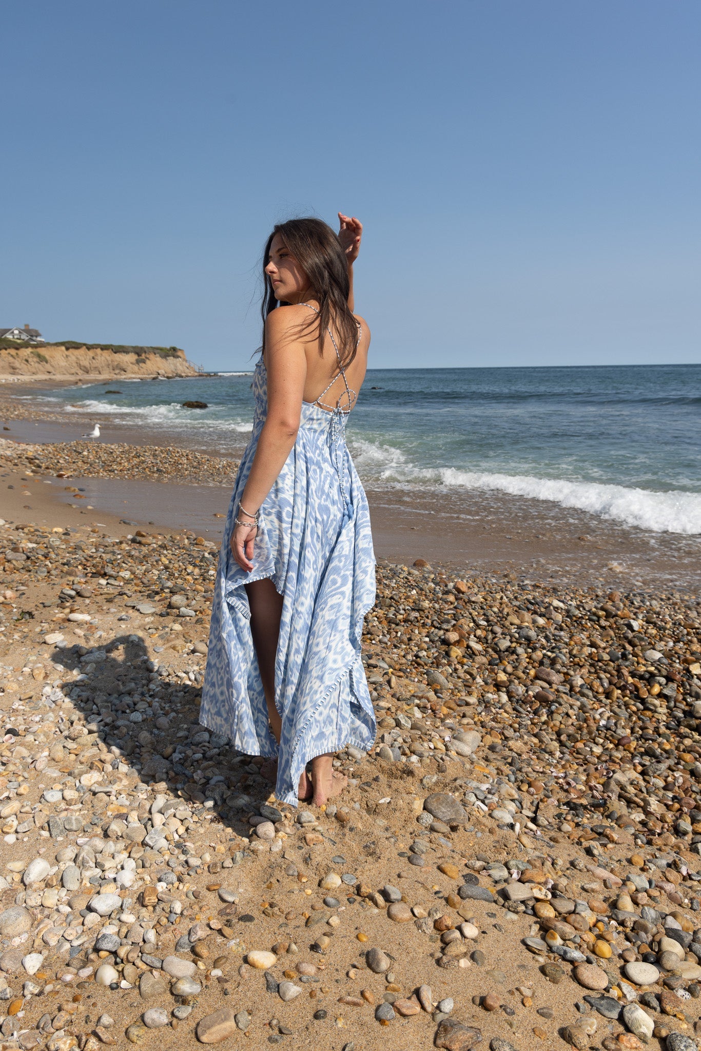 Cross Back Dress in Faded Blue Ikat