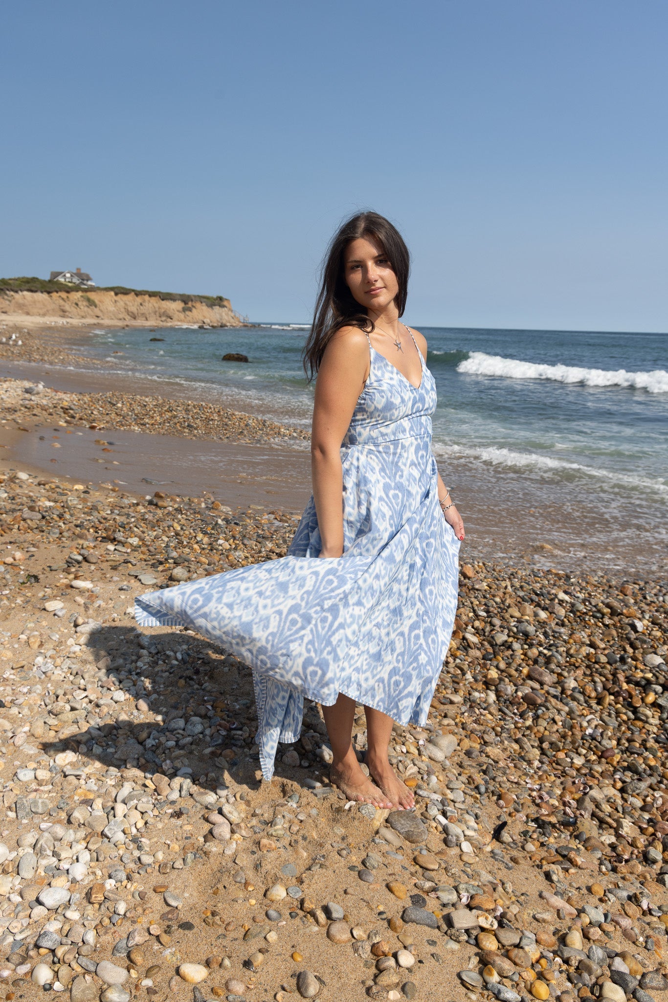 Cross Back Dress in Faded Blue Ikat