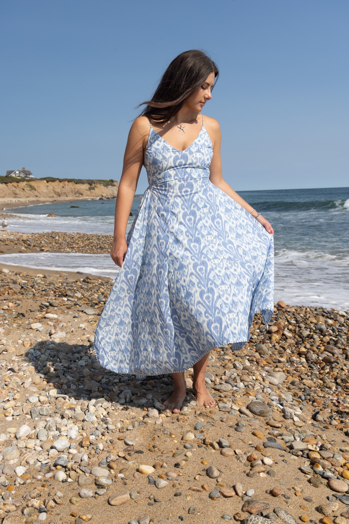 Cross Back Dress in Faded Blue Ikat