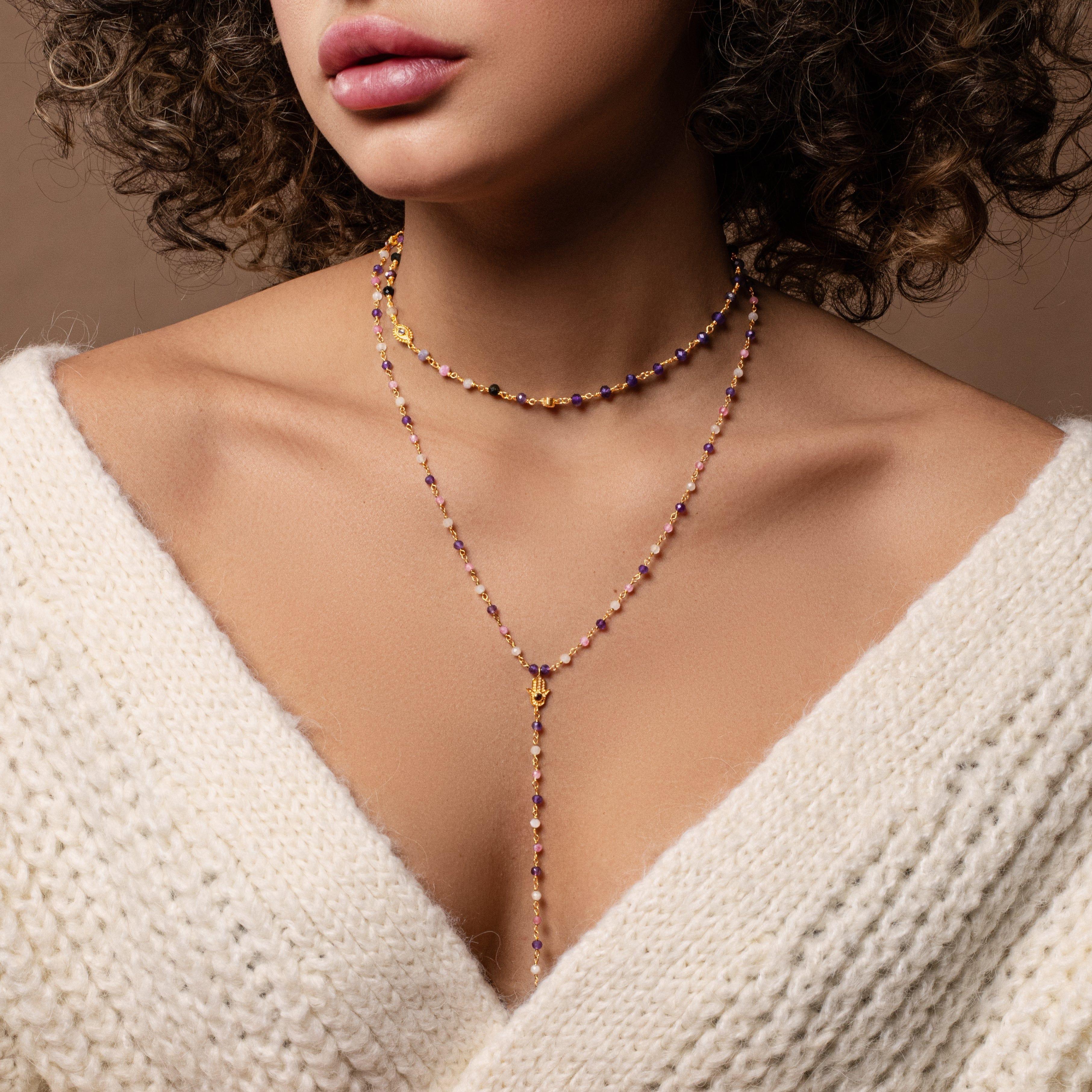 Tranquil Voice - Amethyst Rose Quartz Tourmaline Triple Protection Wrap