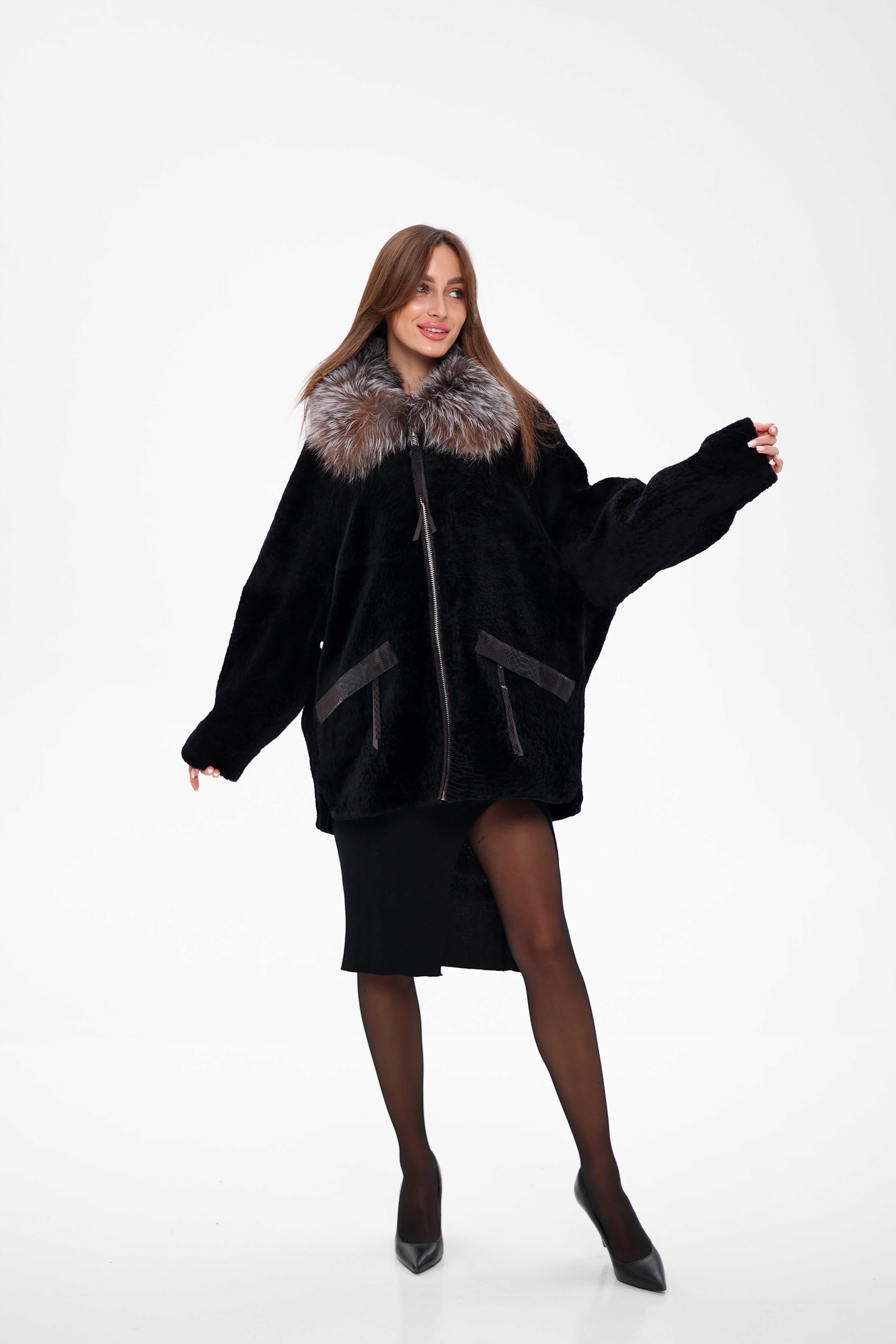 Palermo Genuine Astrakhan Silver Fox Trim Coat