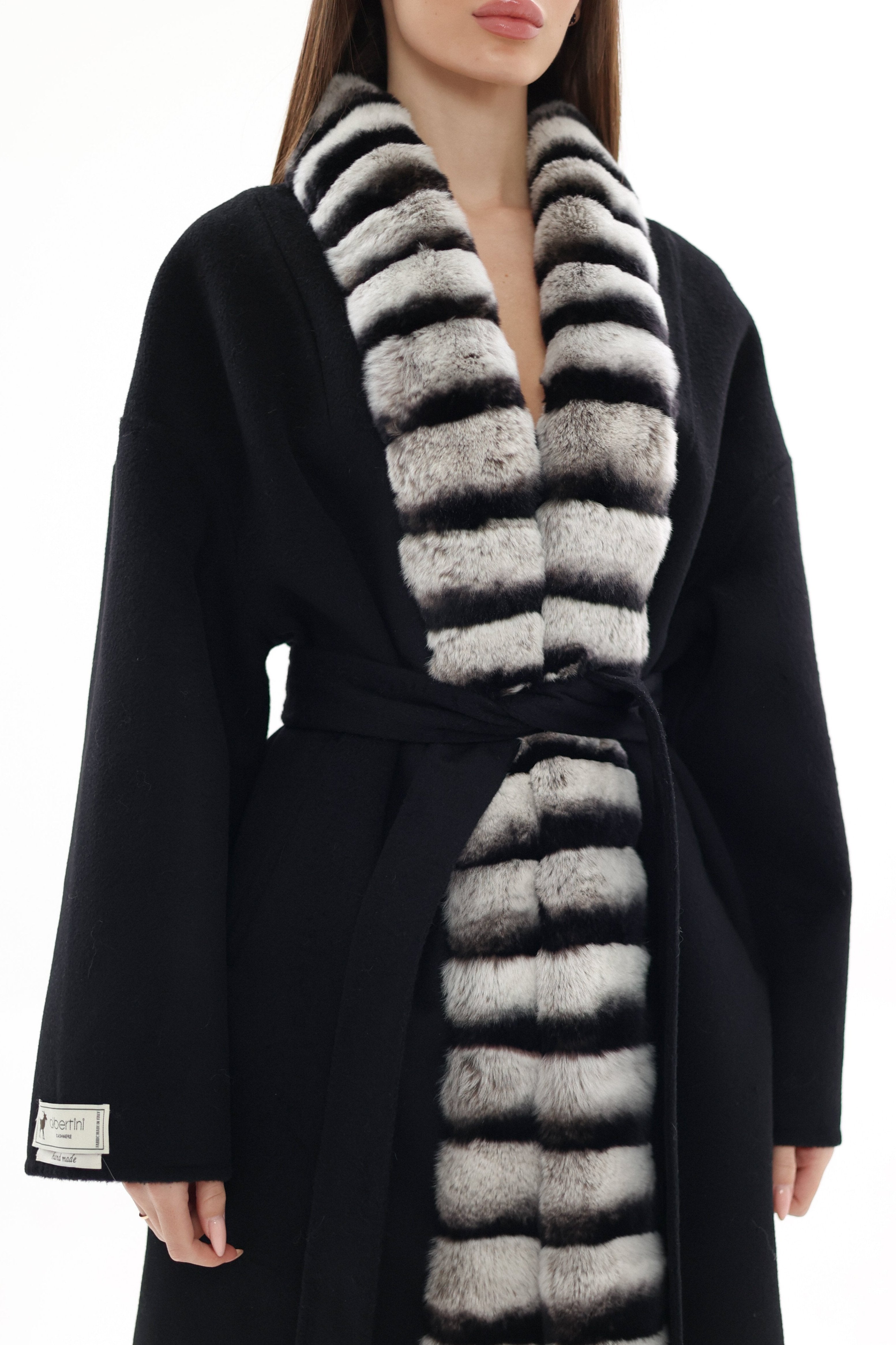 Genuine French Orylag Fur Italian Cashmere Wool Coat 130cm