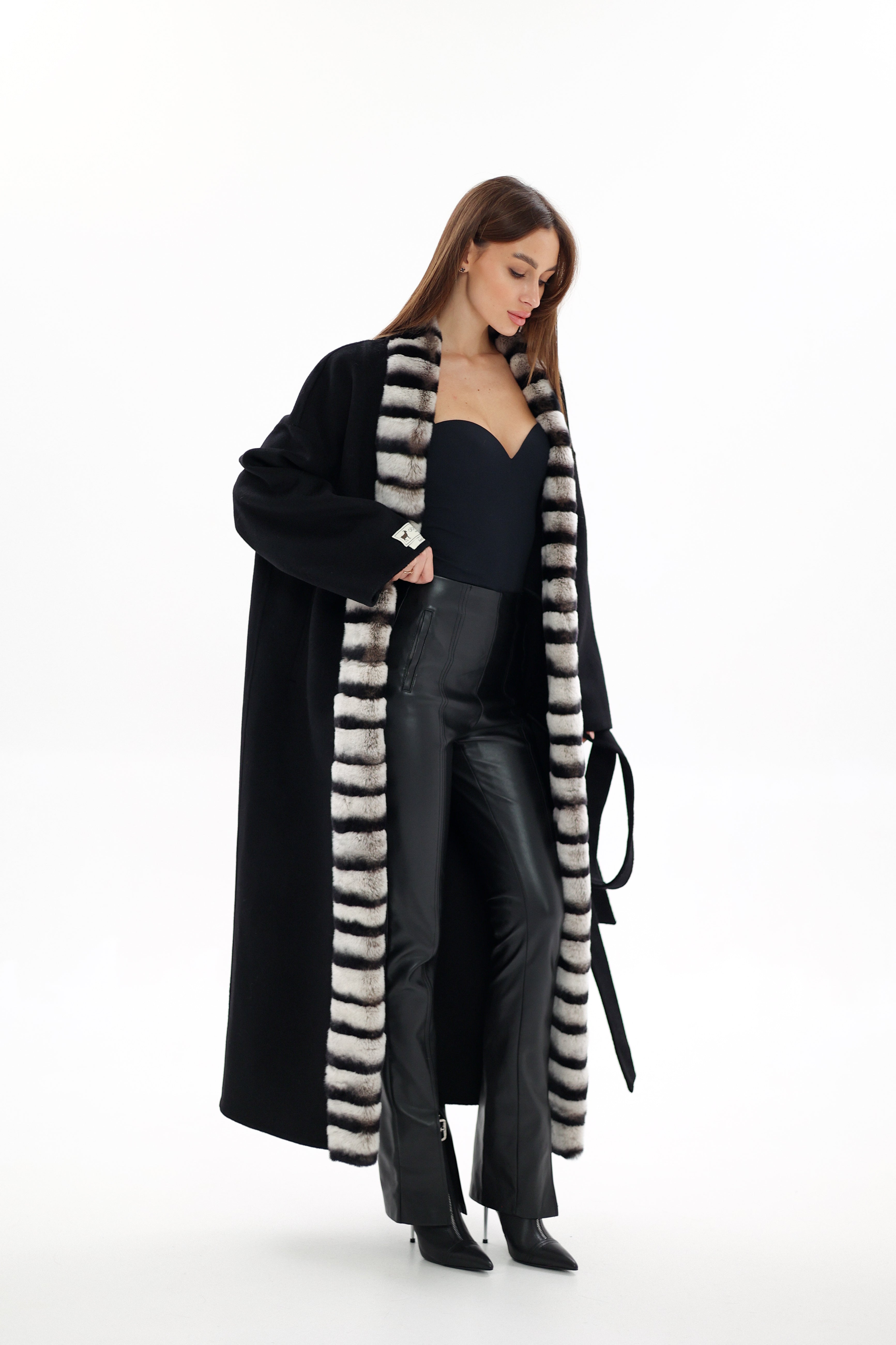 Genuine French Orylag Fur Italian Cashmere Wool Coat 130cm