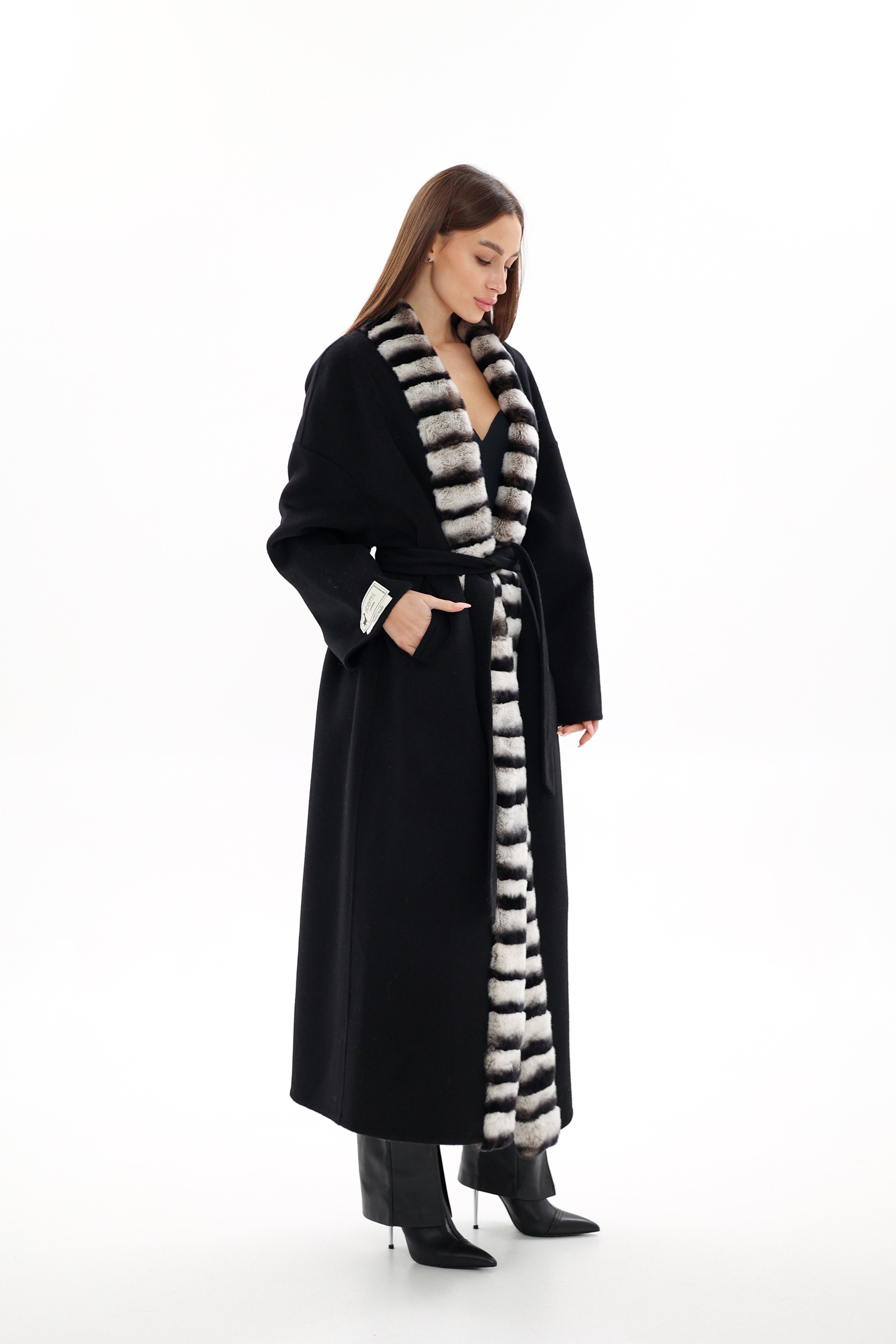 Genuine French Orylag Fur Italian Cashmere Wool Coat 130cm