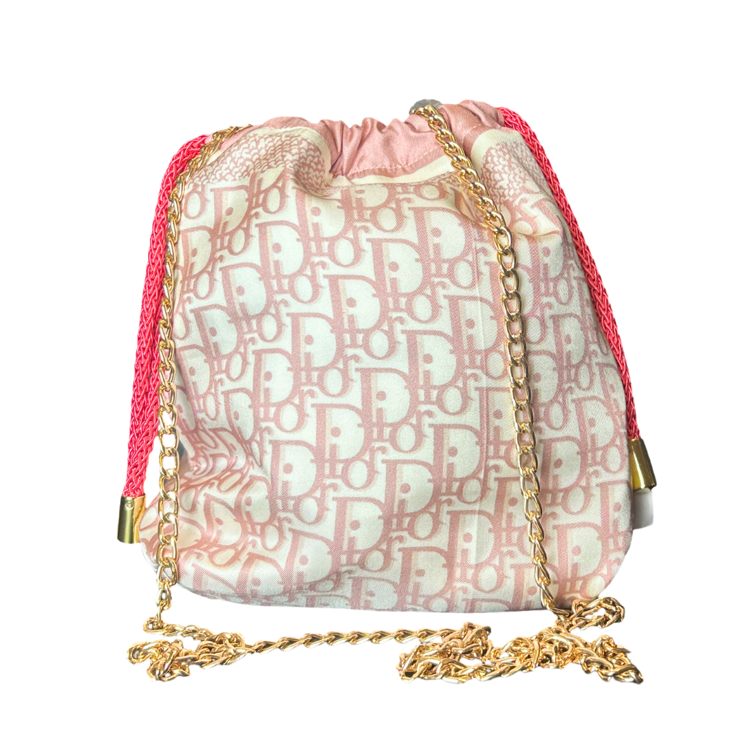 Trotter Pink Vintage Silk Scarf Drawstring Crossbody Bag