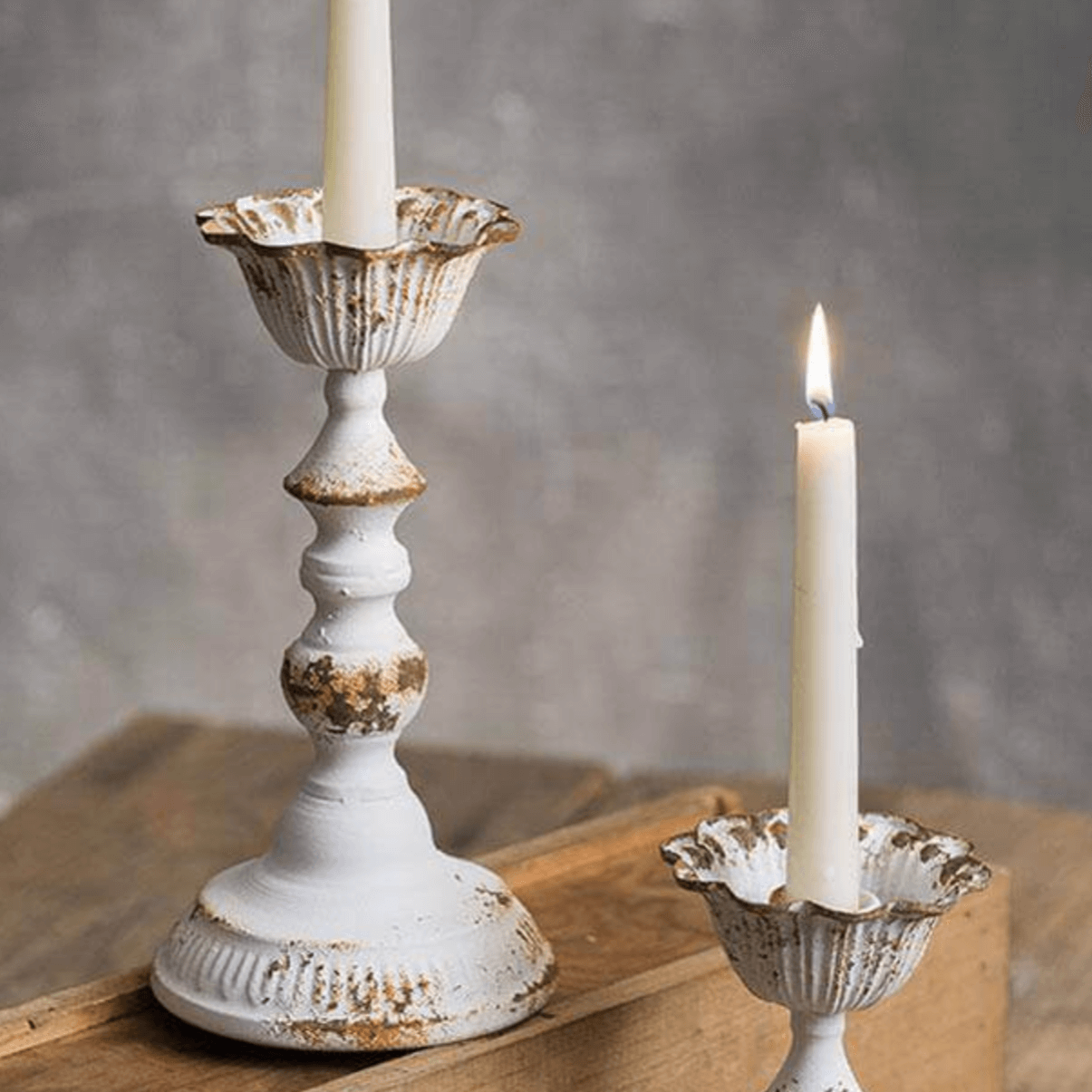 Distressed White Metal Taper Cottagecore Candle Holders (Set of 2)