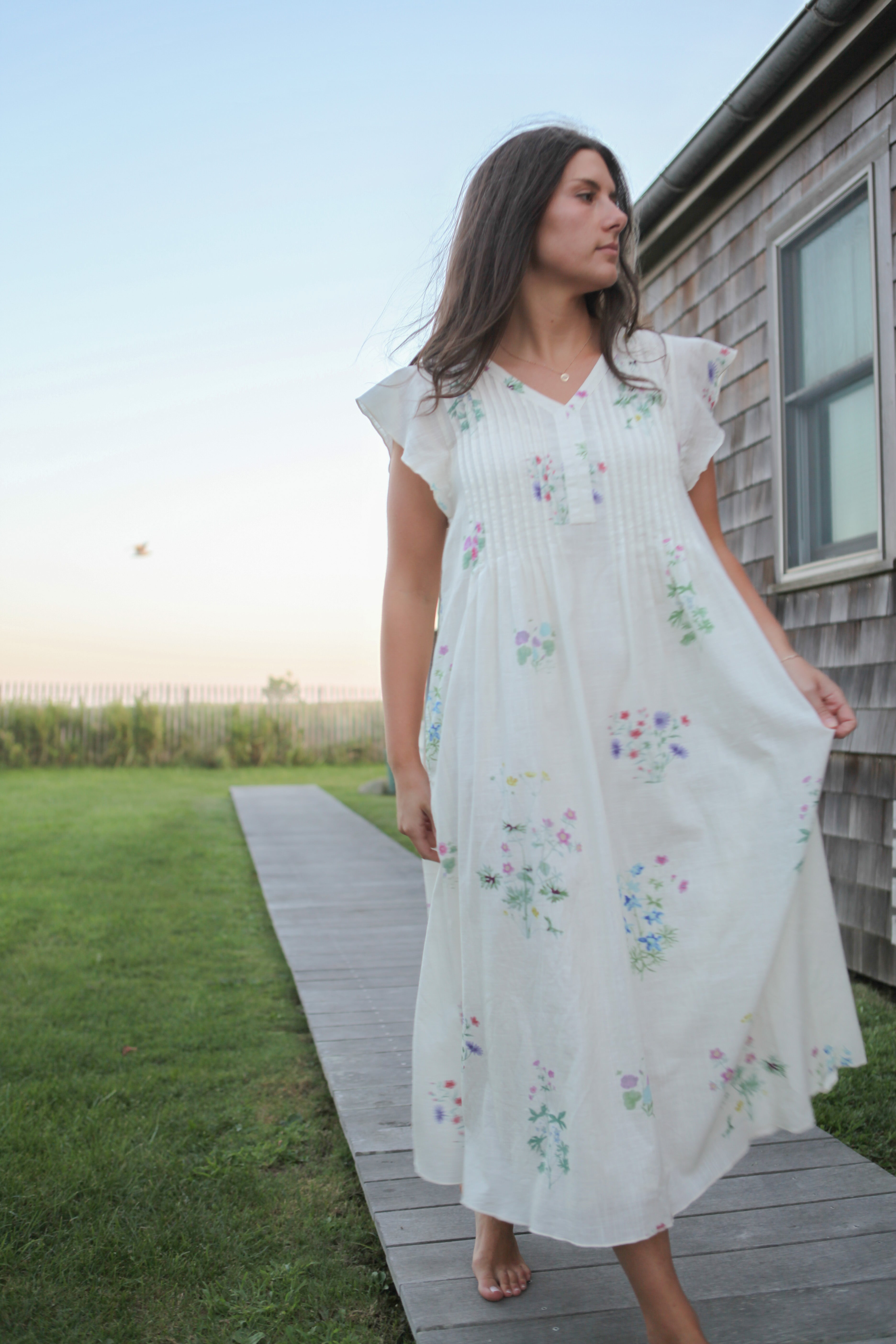 Doris Midi Dress in Cream Botanical