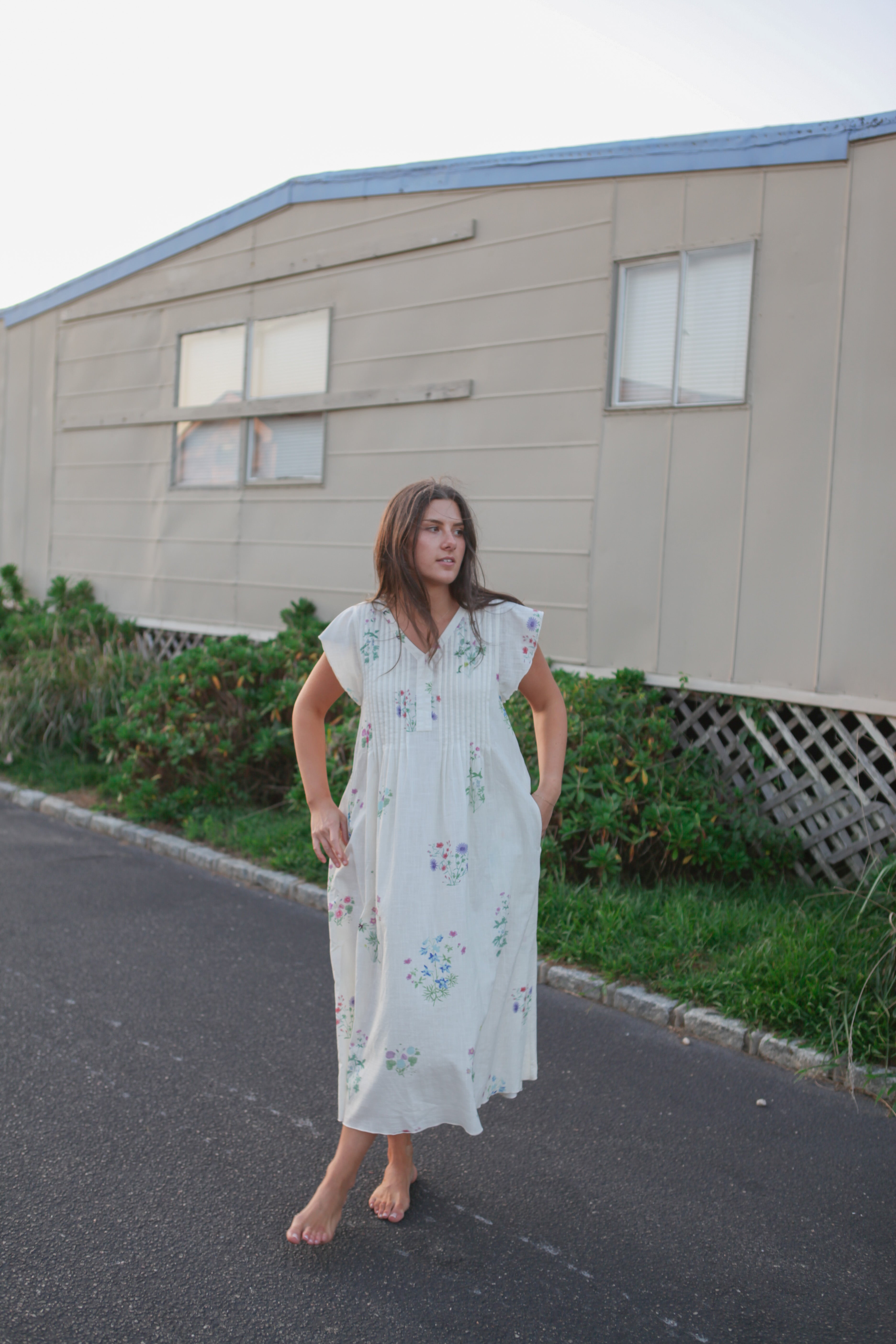 Doris Midi Dress in Cream Botanical
