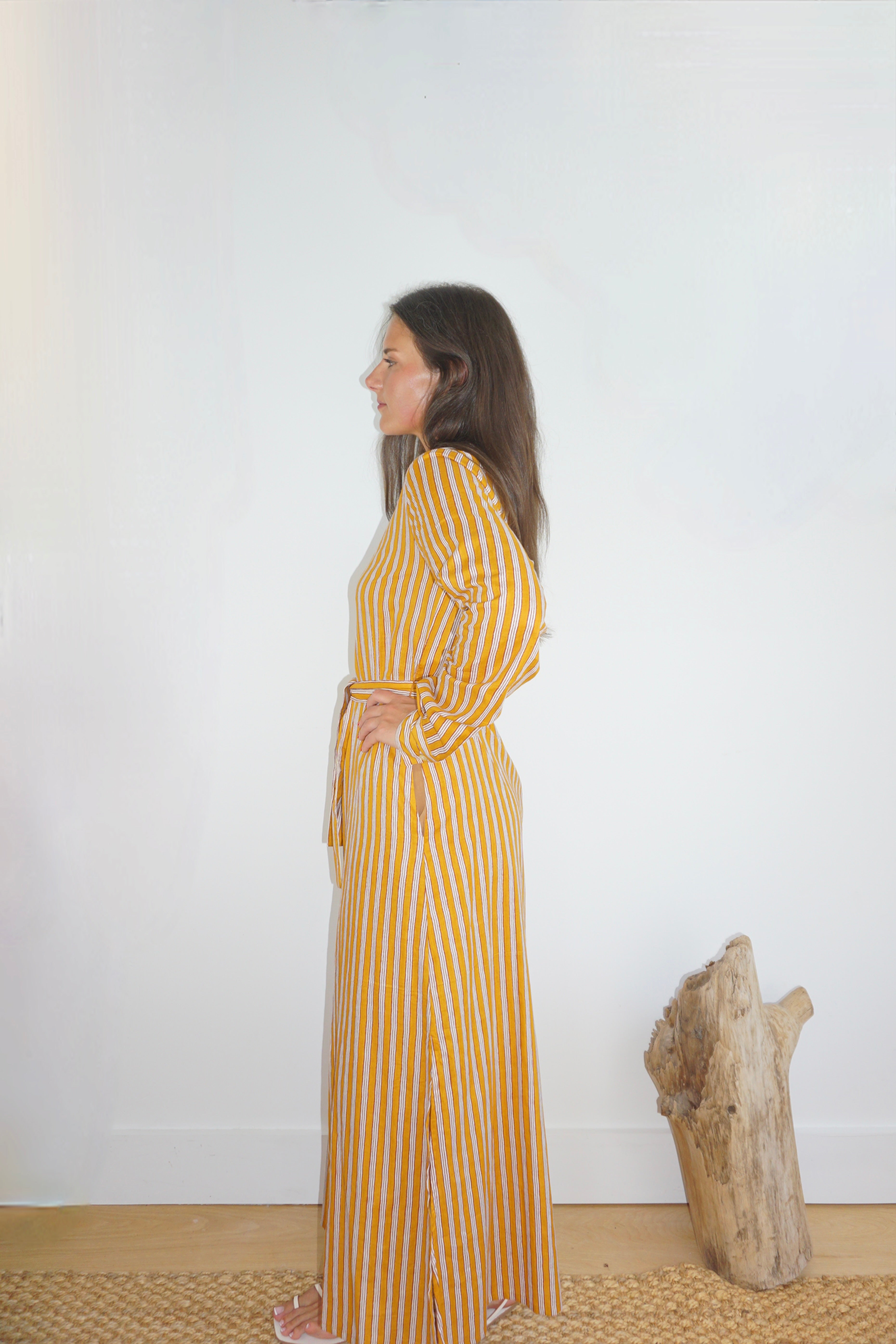 Caspian Dress in Marigold Pinstripe