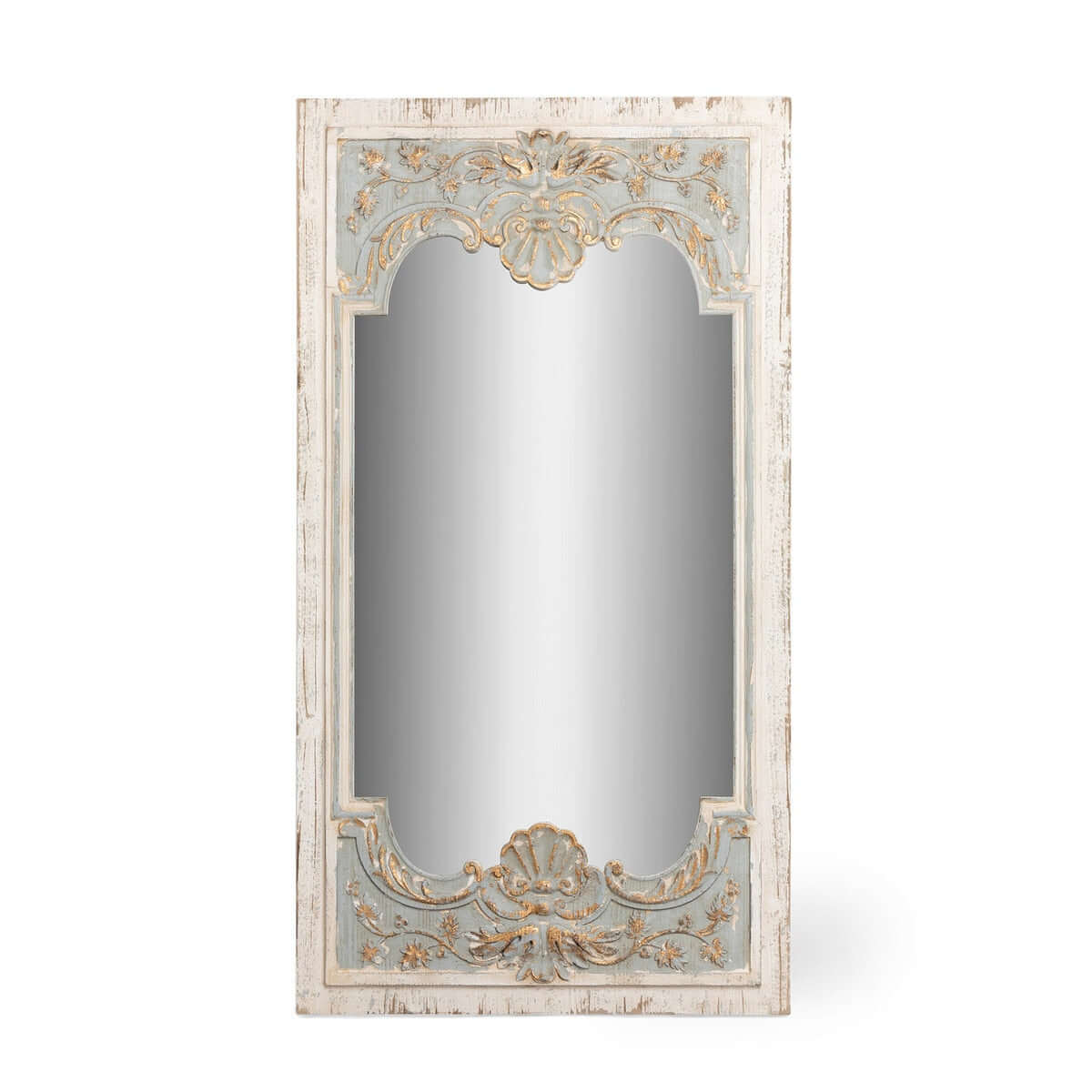 Vintage French Country Carved Wood Mirror with Distressed Blue Frame