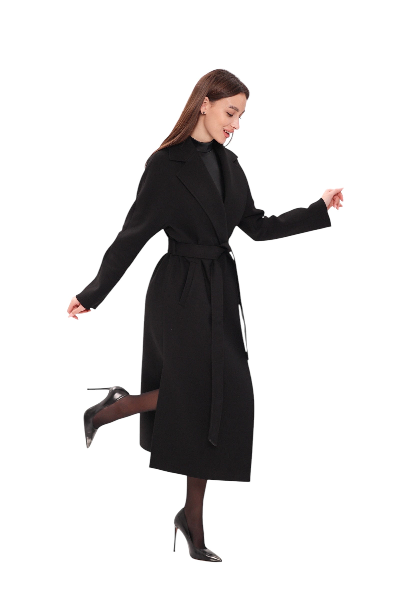 Cambridge Comfort Wraparound Wool Cashmere Coat in Black