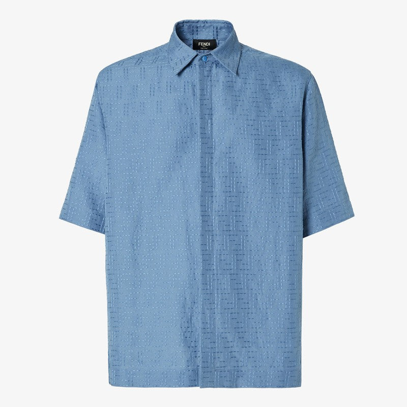 Fendi Light Blue Ff Jacquard Linen Shirt Men