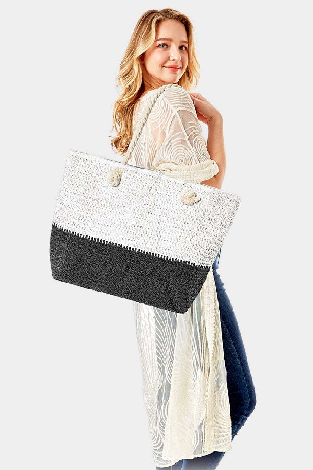 2 Tone Straw Beach Tote