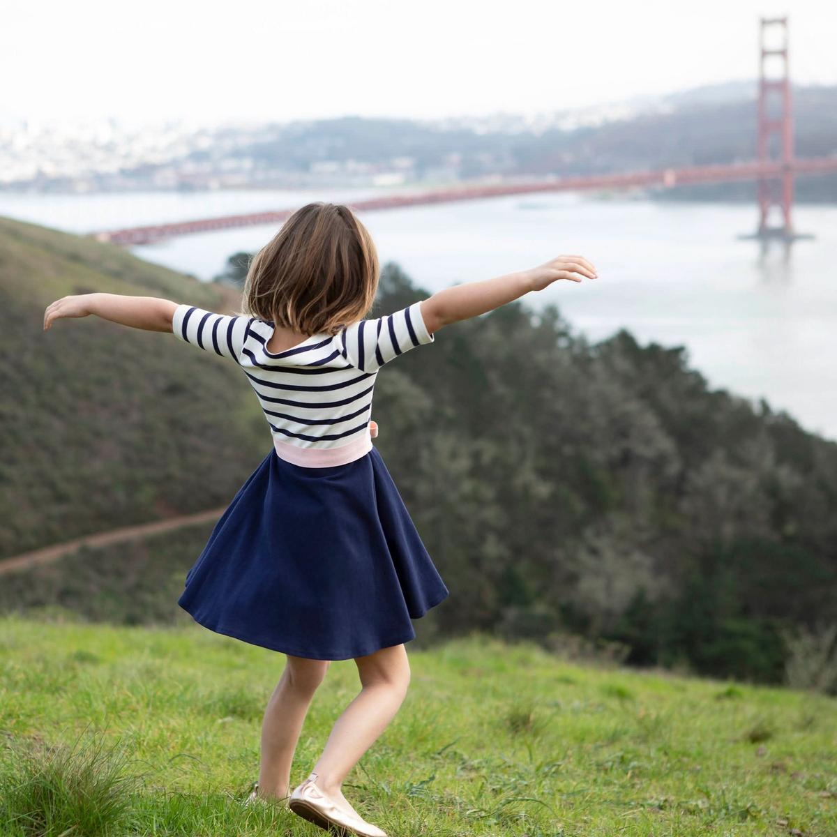 Lightweight Blocked Organic Skater Dress - Navy with Light Pink Ribbon