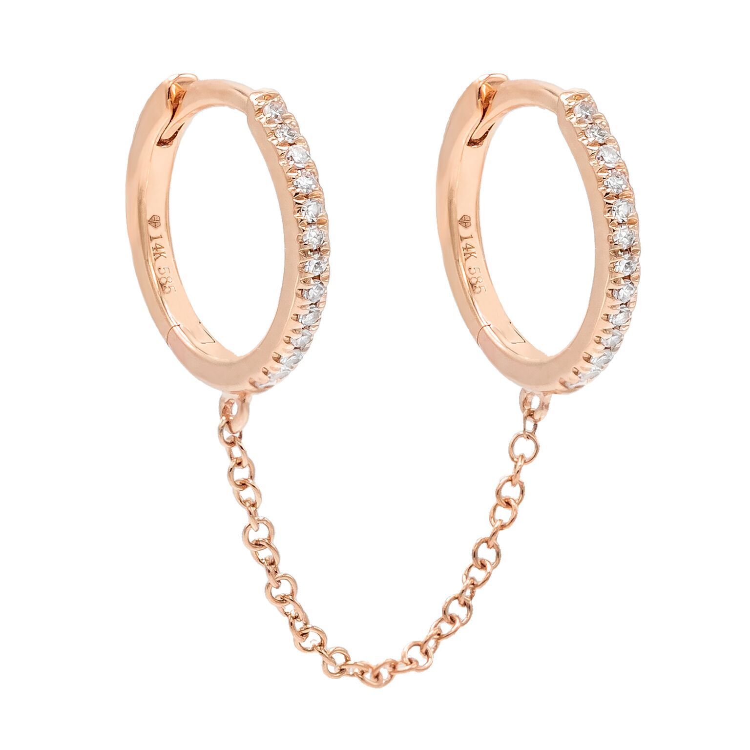 14K Rose Gold / Single Diamond Double Huggie Chain Earring 14K - Adina's Jewels