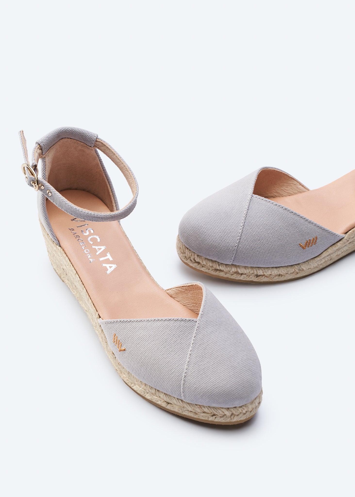 Formiga Ash Grey Canvas Ankle Strap Women Espadrille Wedges V Cut Detail
