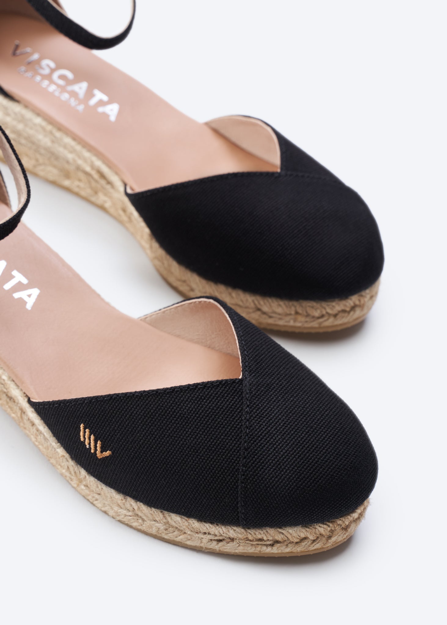 Formiga Black Canvas Ankle Strap Women Espadrille Wedges V Cut Detail