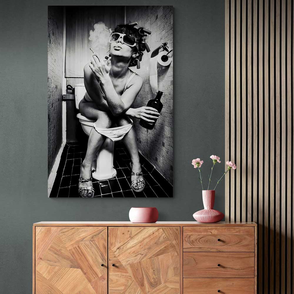 Girl Sitting On Toilet Smoking and Drinking Canvas Wall Art | 3CARATS