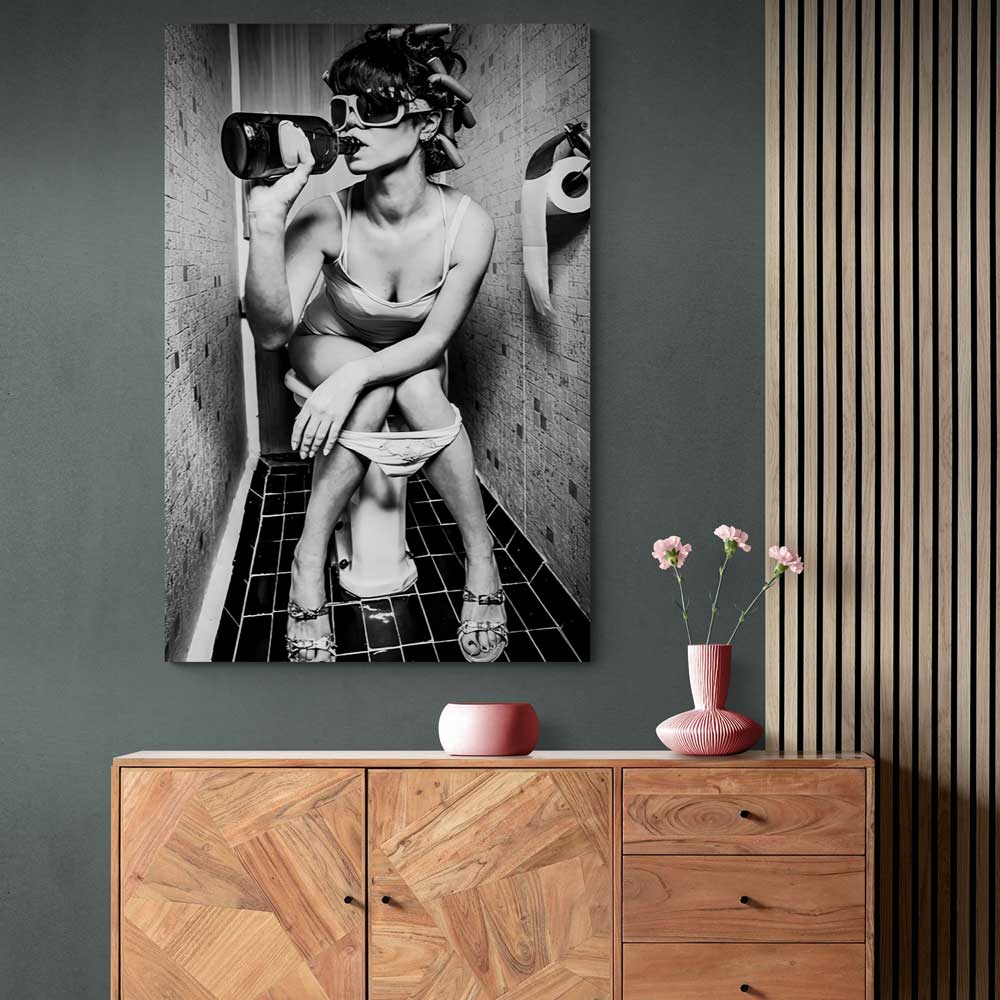 Girl Sitting On Toilet Smoking and Drinking Canvas Wall Art | 3CARATS