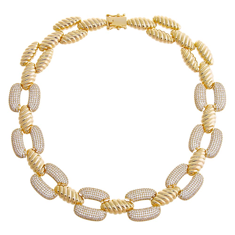 Pave Ridged Open Flat Square Link Choker Necklace - Adina's Jewels