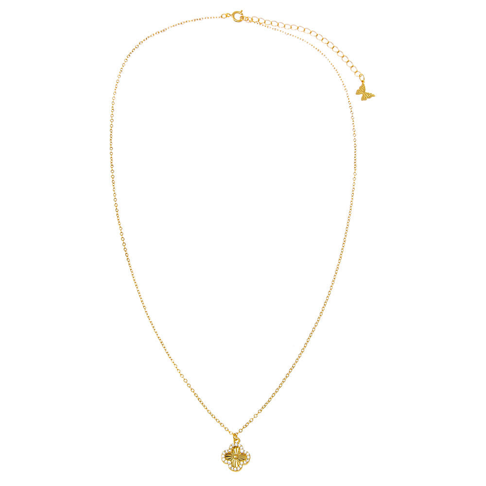 Pave Outlined Ridged Clover Pendant Necklace