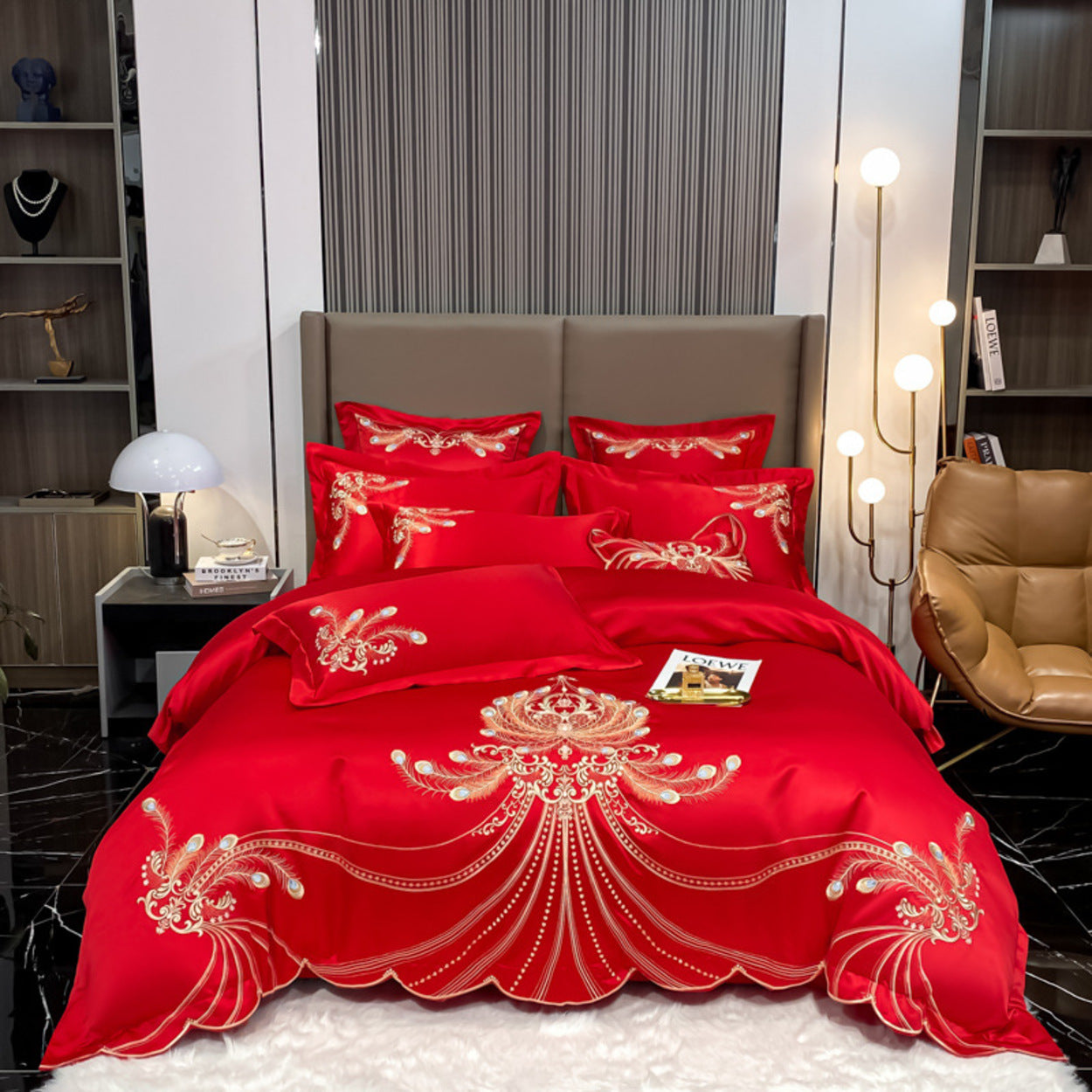 Gold Peacock Feather Embroidery Egyptian Cotton Bedding Set | 3CARATS