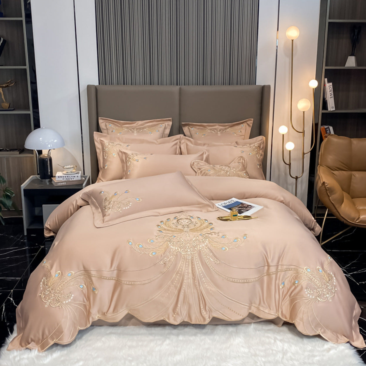 Gold Peacock Feather Embroidery Egyptian Cotton Bedding Set | 3CARATS