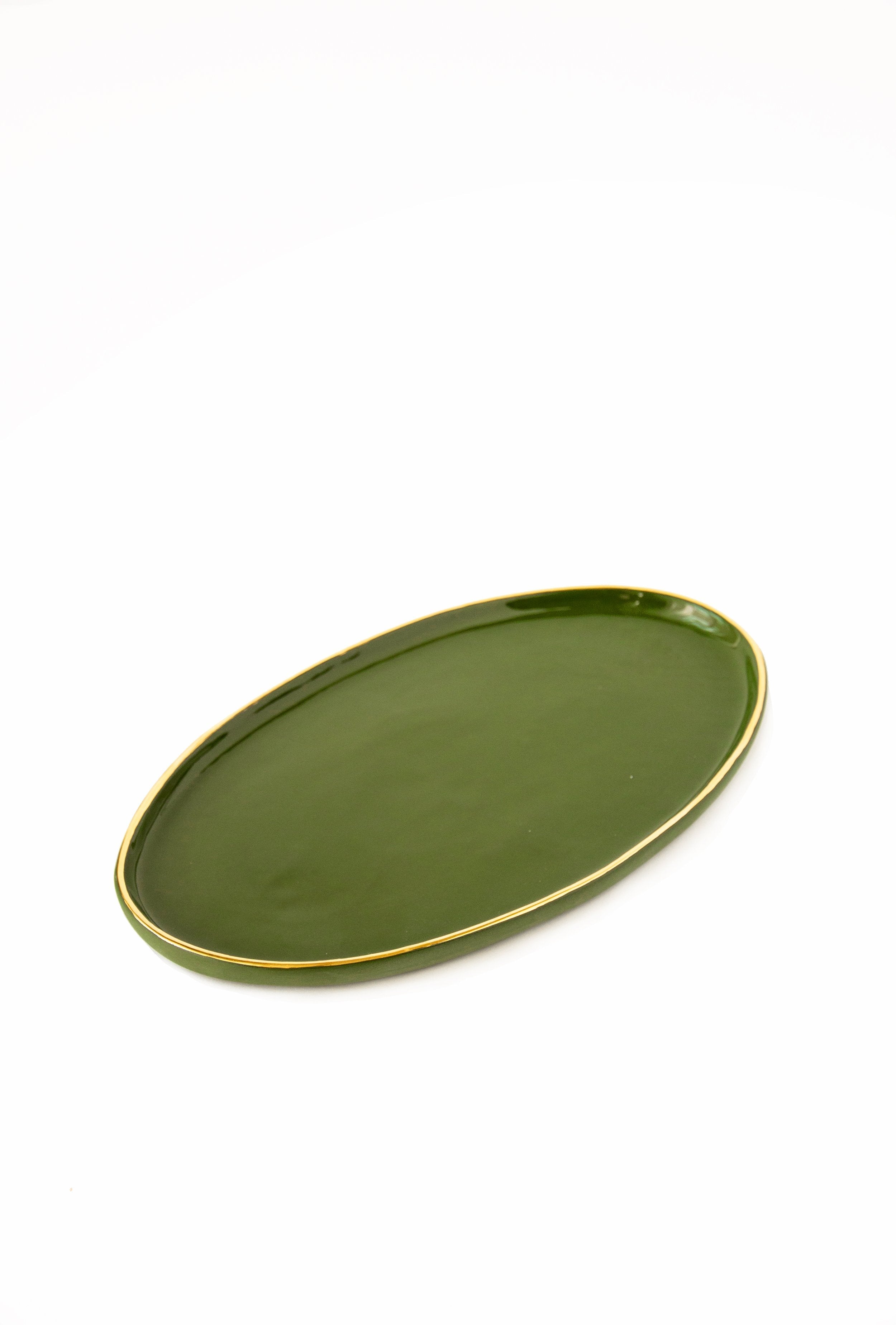 Porcelain Oval Serving Platter with Gold Rim. Green