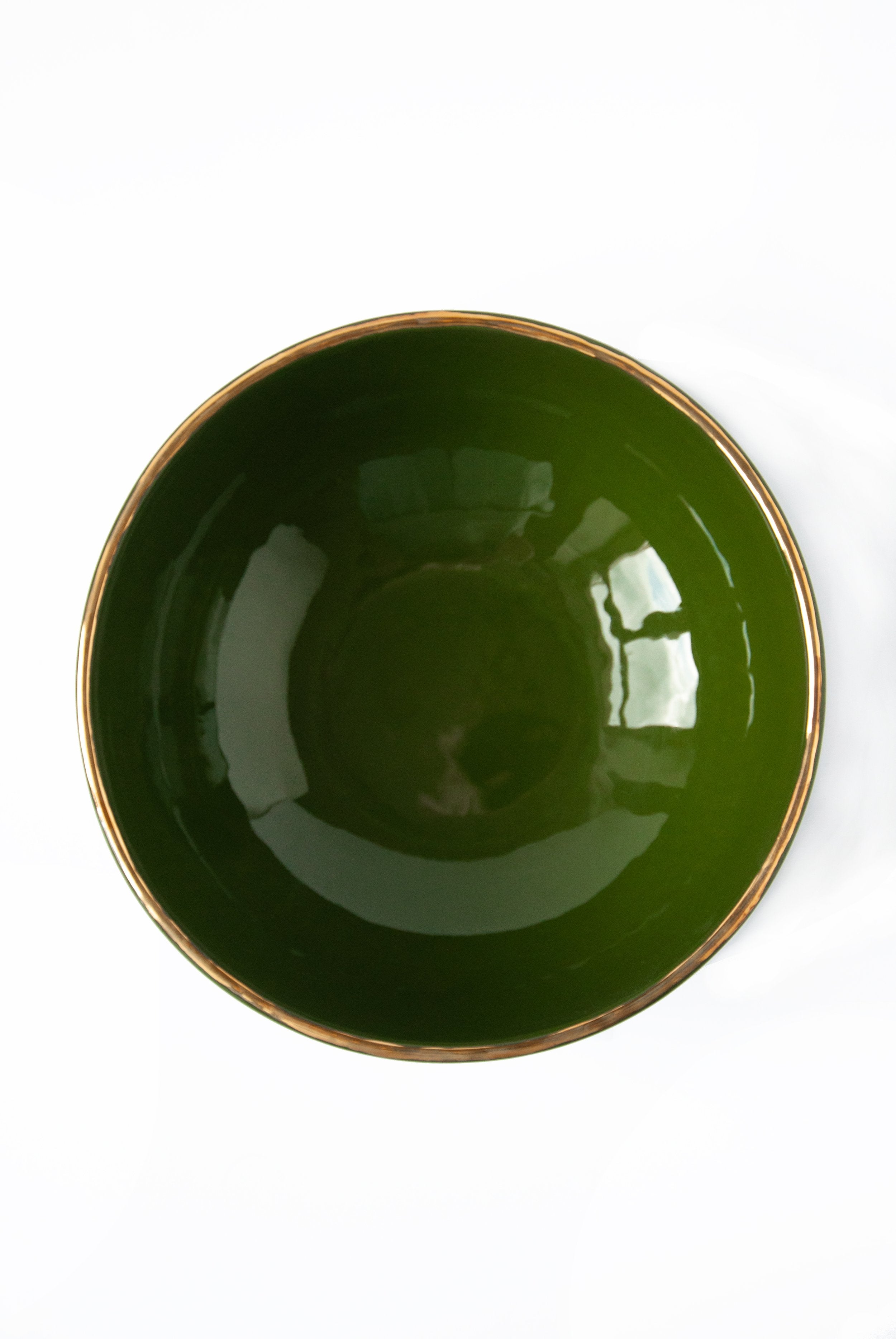 Handmade Porcelain Salad Serving Bowl with Gold Rim. Green