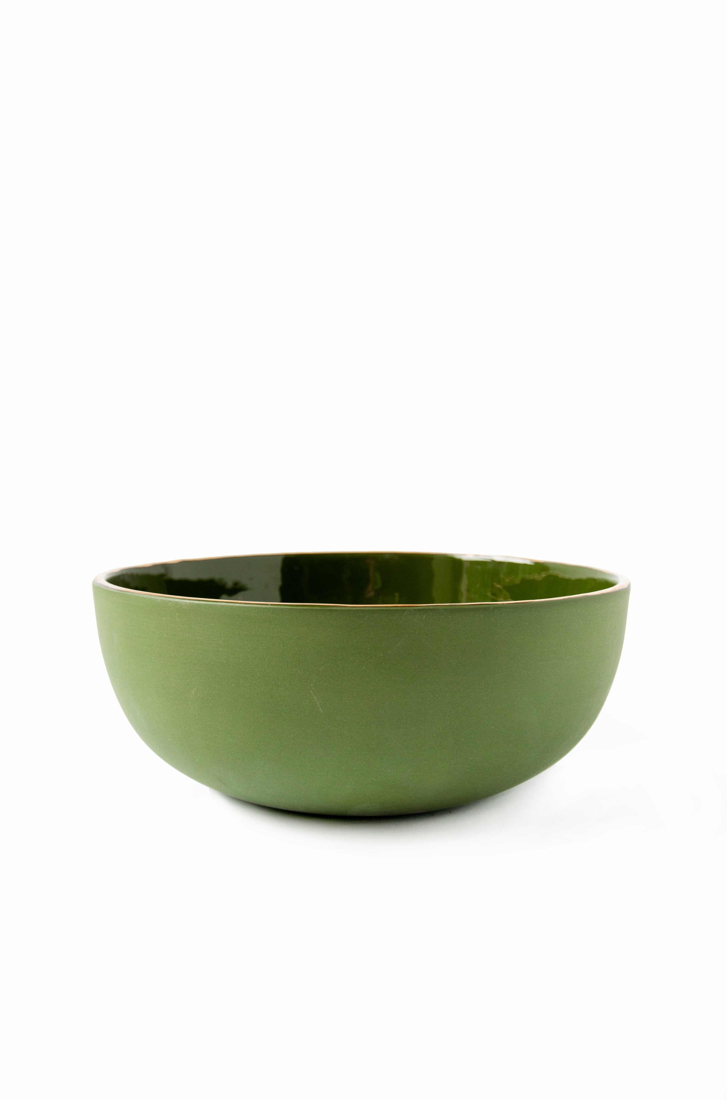 Handmade Porcelain Salad Serving Bowl with Gold Rim. Green