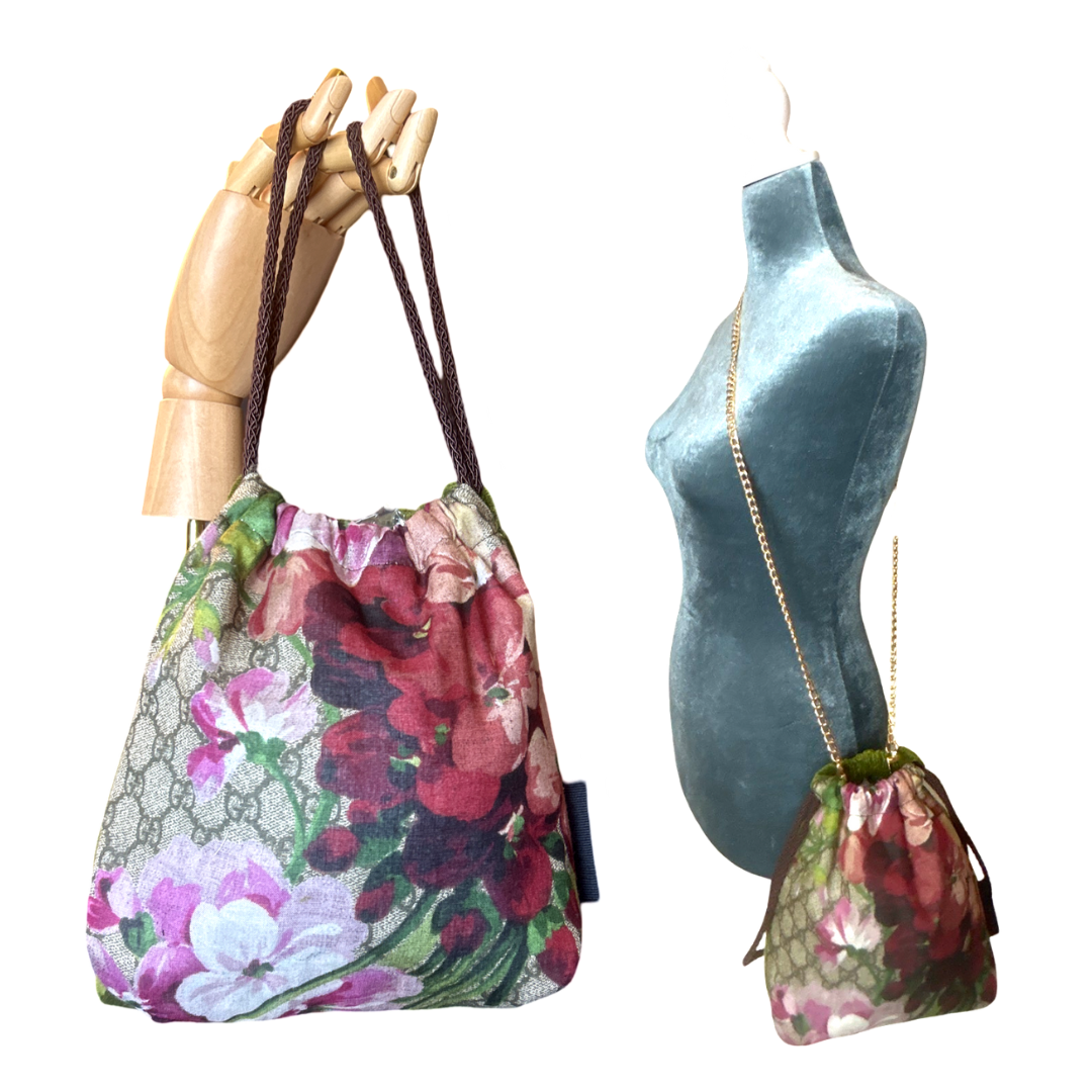 GG Logo Blooms Pink Vintage Scarf Drawstring Crossbody Bag