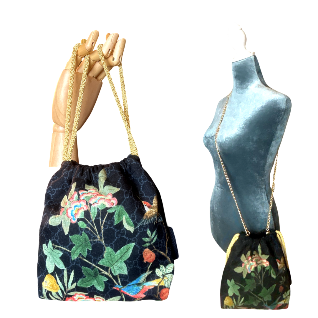 GG Logo Chinoiserie Noir Vintage Scarf Drawstring Crossbody Bag