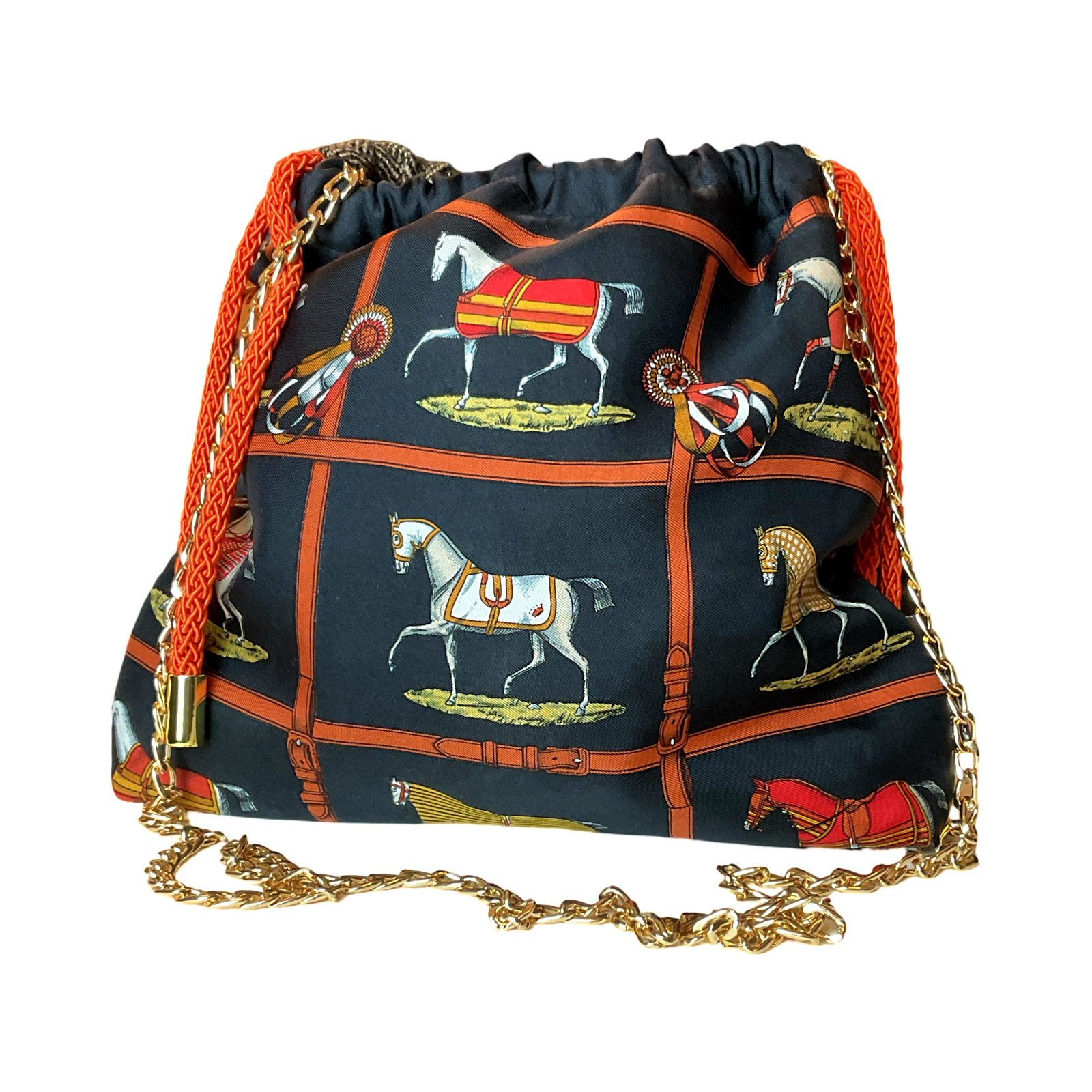 Petites Chevaux Noir Vintage Silk Scarf Drawstring Crossbody Bag