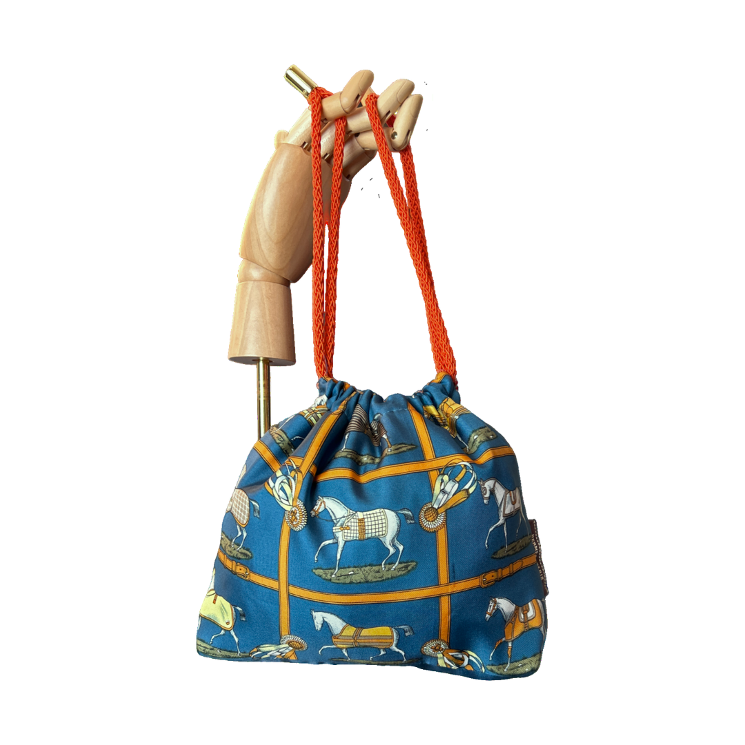 Petites Chevaux Teal Vintage Silk Scarf Drawstring Crossbody Bag